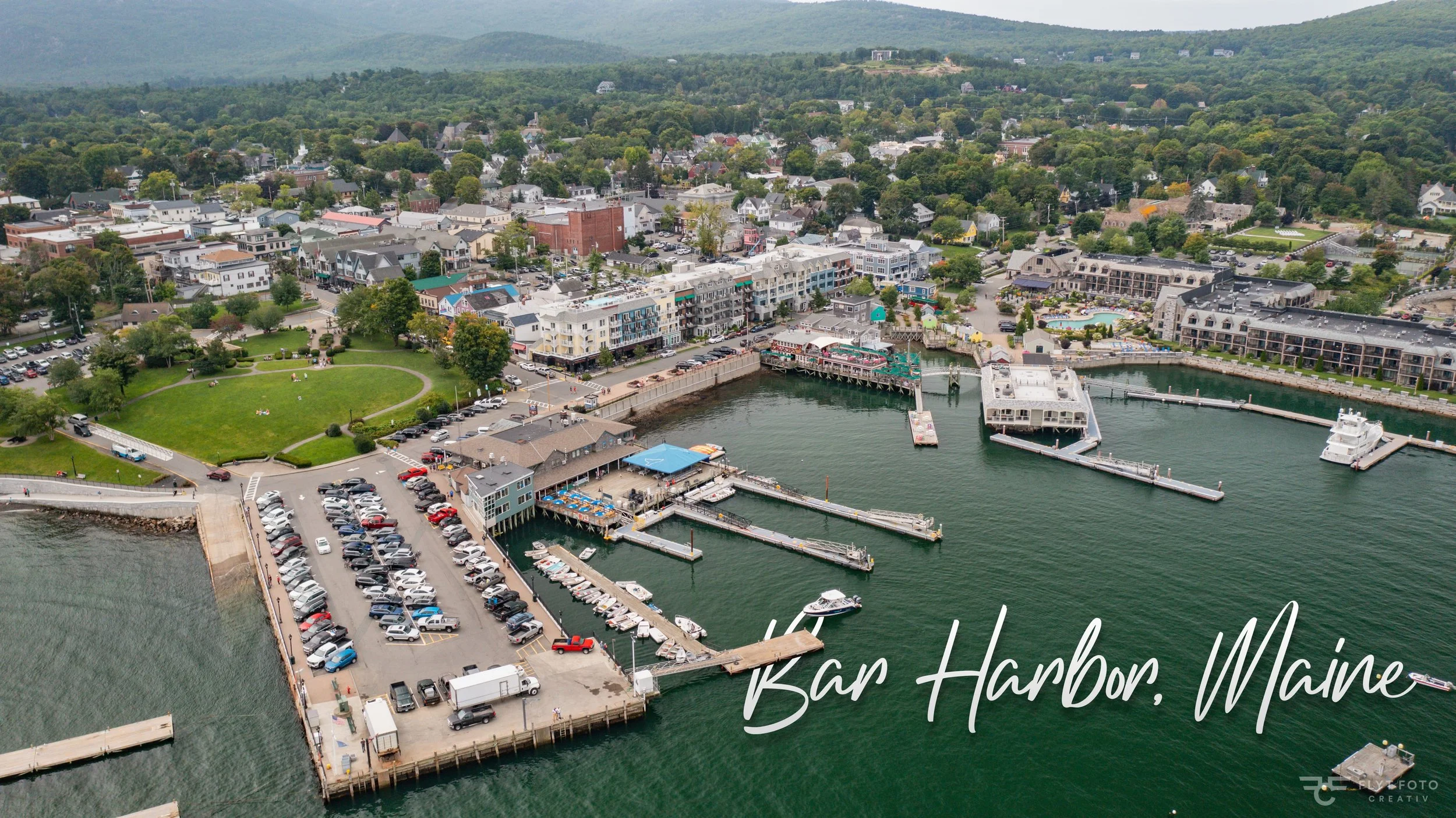 An aerial drone photo showing Bar Harbor Maine
