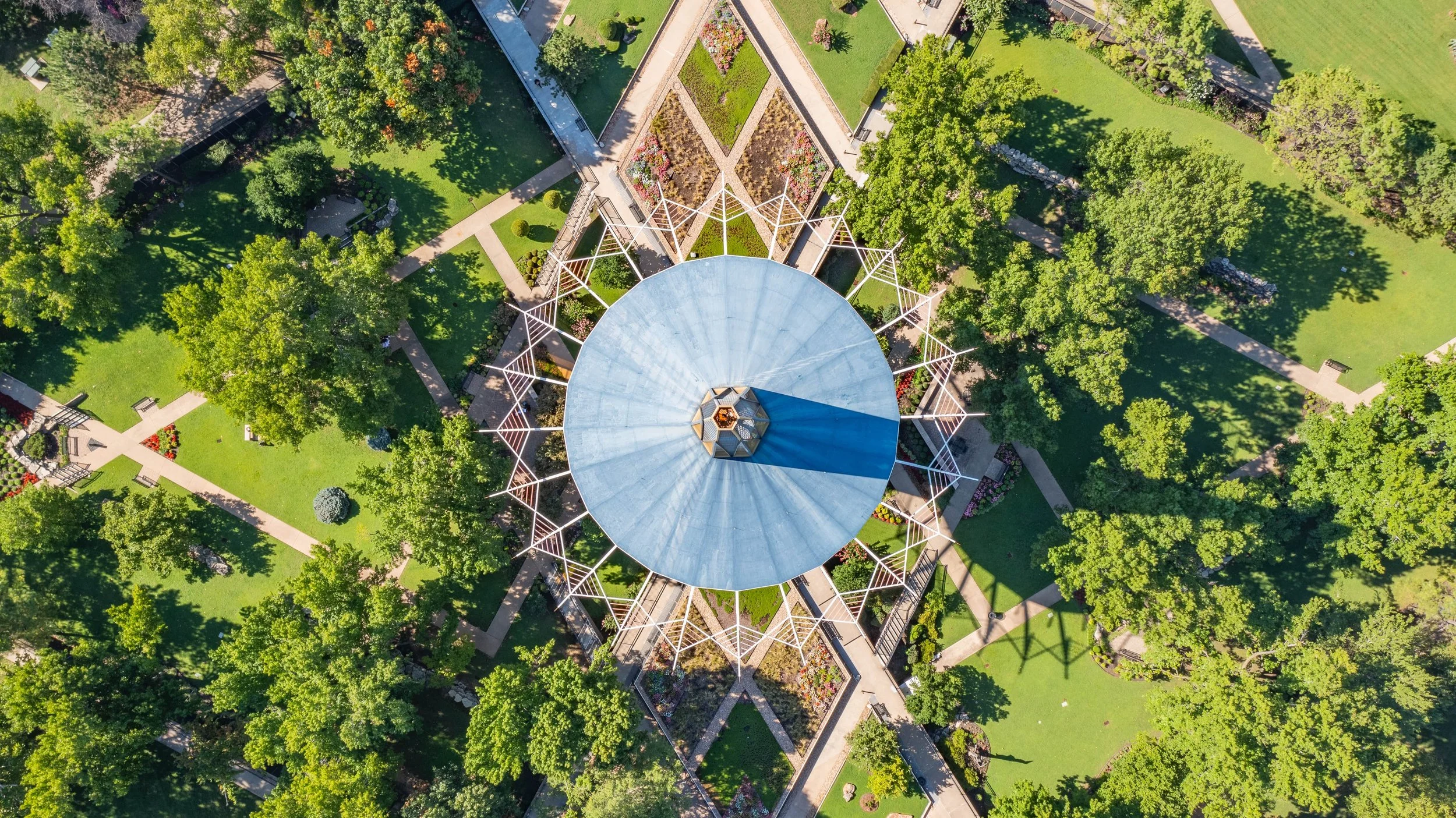 Top down aerial photo directly above the Prayer Tower at Oral Roberts University in Tulsa Oklahoma