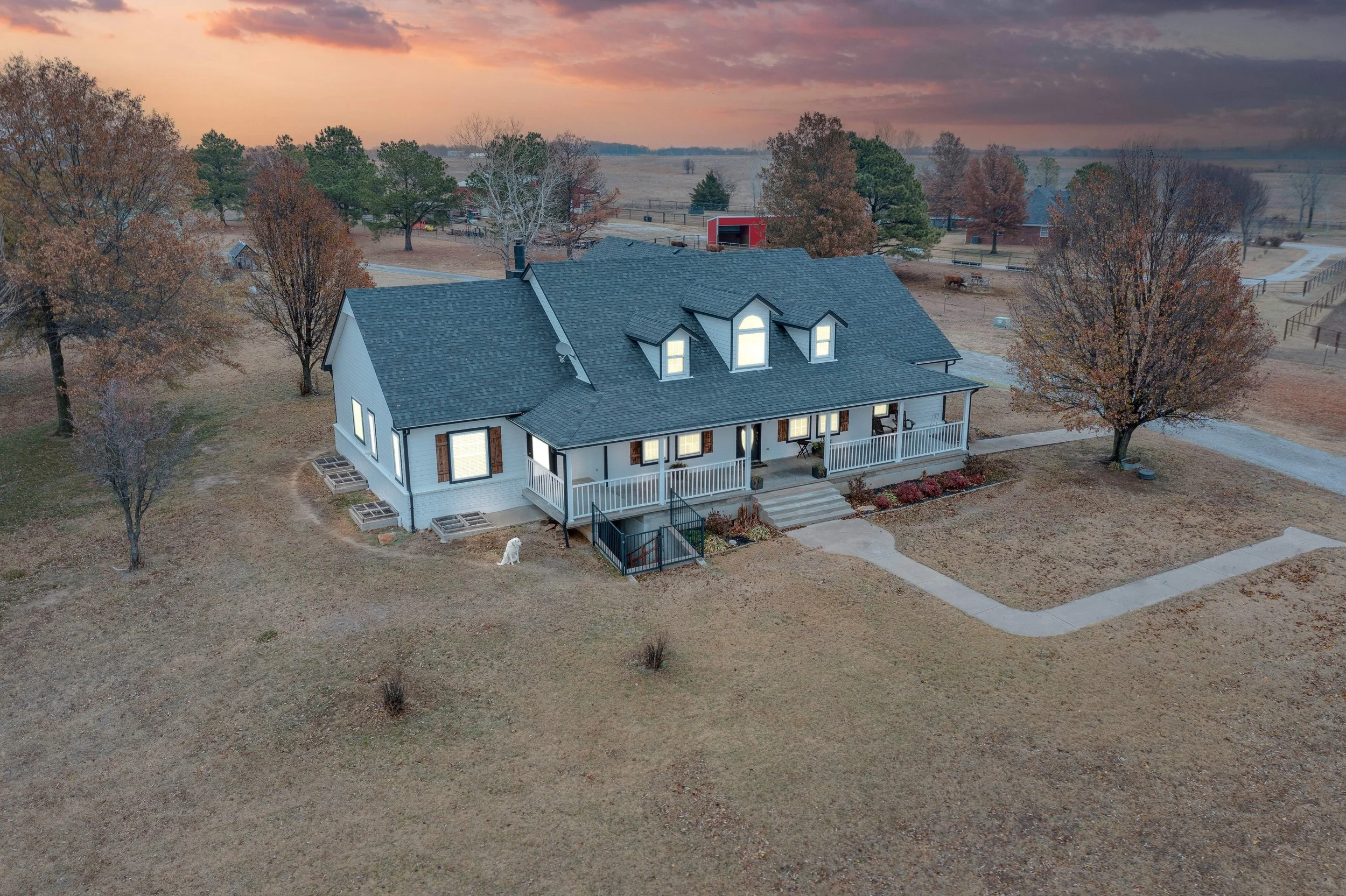 Drone image of a ranch style country home with a white dog sitting in front of the house