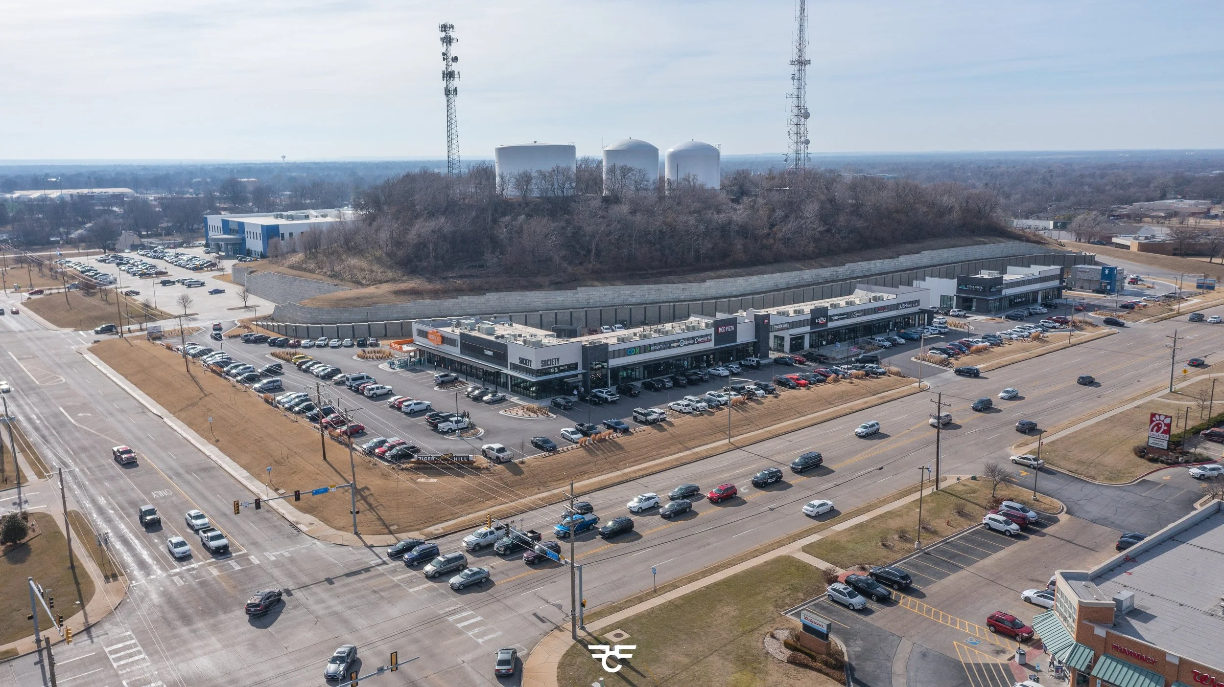 Drone image of Tiger Hill Shopping area in Broken Arrow Oklahoma