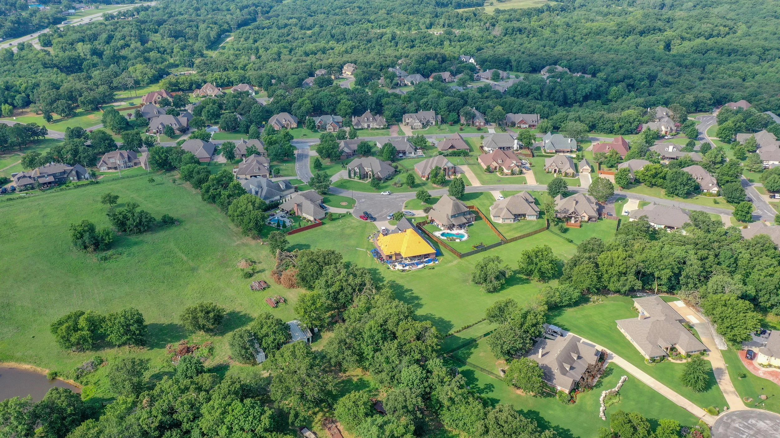 Aerial drone wide angle photo of a luxury neighborhood