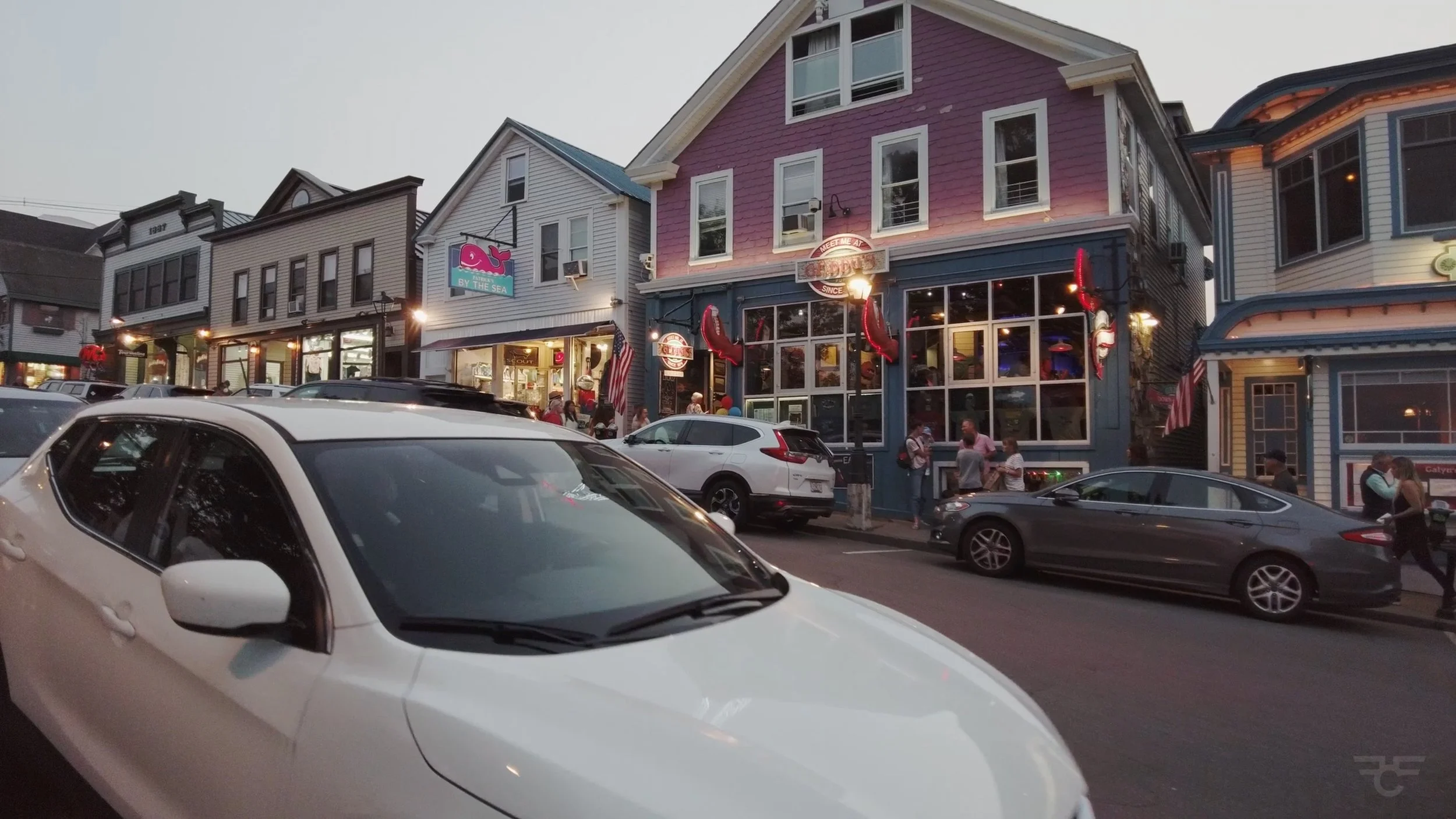 A photo of local shops and restaurants during sunset at Bar Harbor Maine