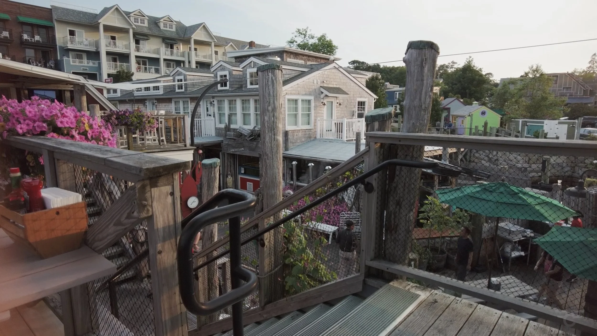 A photo of Stewman's Restaurant from a dining table overlooking nearby restaurants