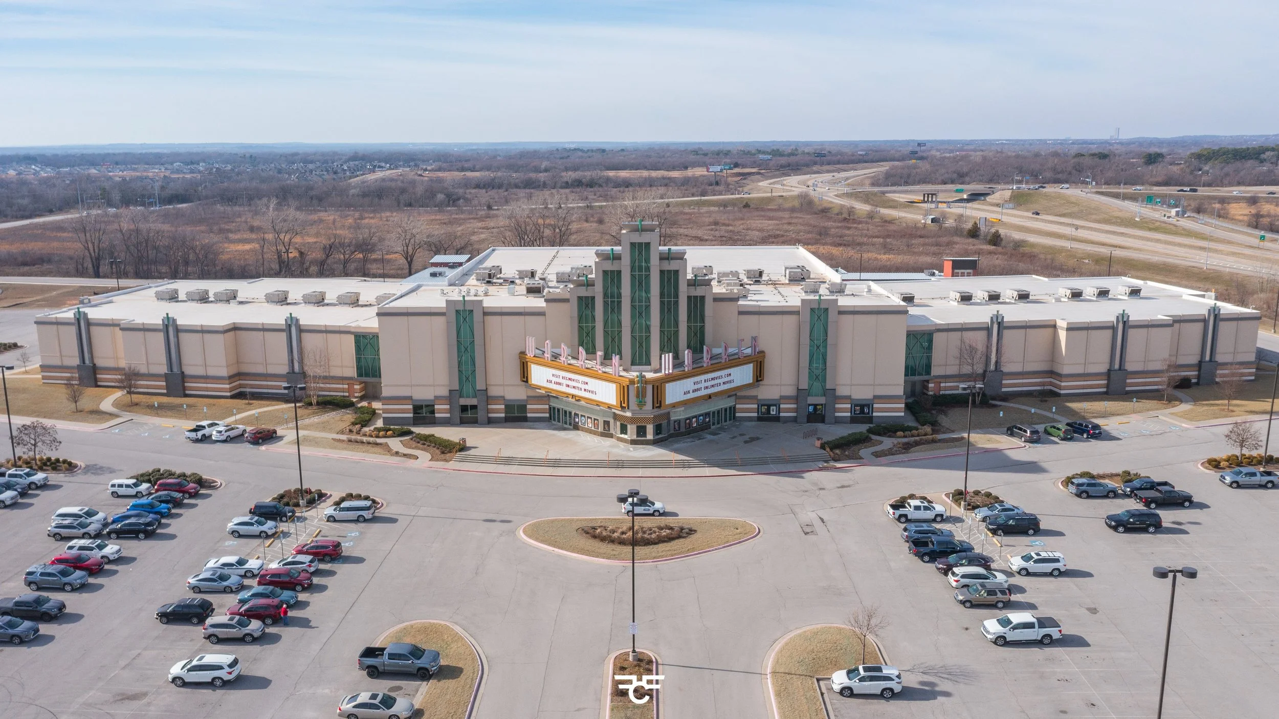 Drone image of The Warren Regal Theater in Broken Arrow Oklahoma