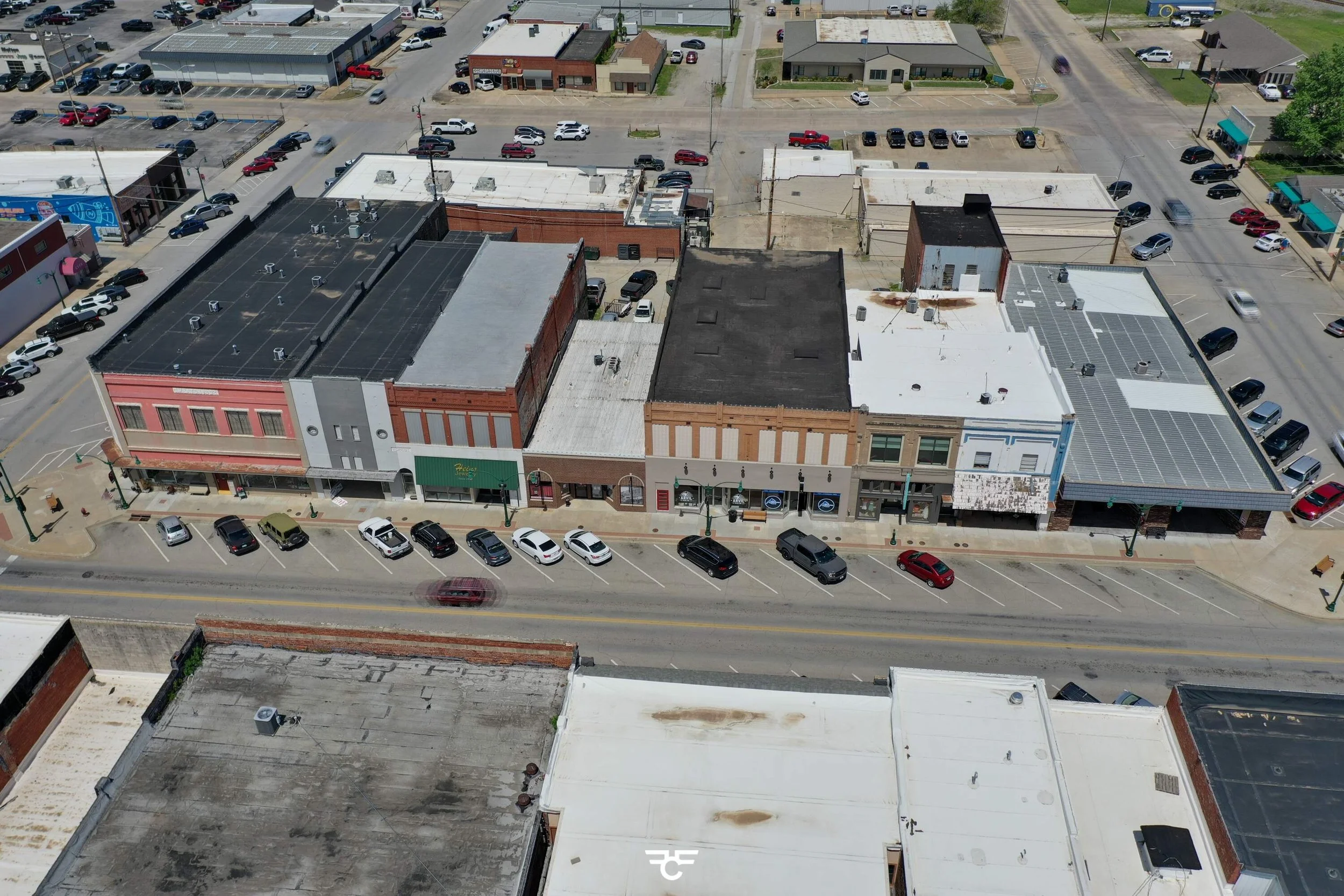 Drone image of shopping stores in downtown Claremore Oklahoma