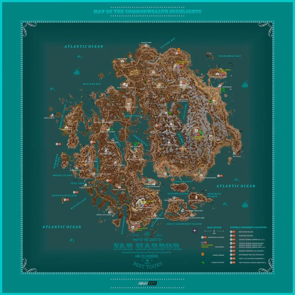 A map of Far Harbor and the island in the game Fallout 4
