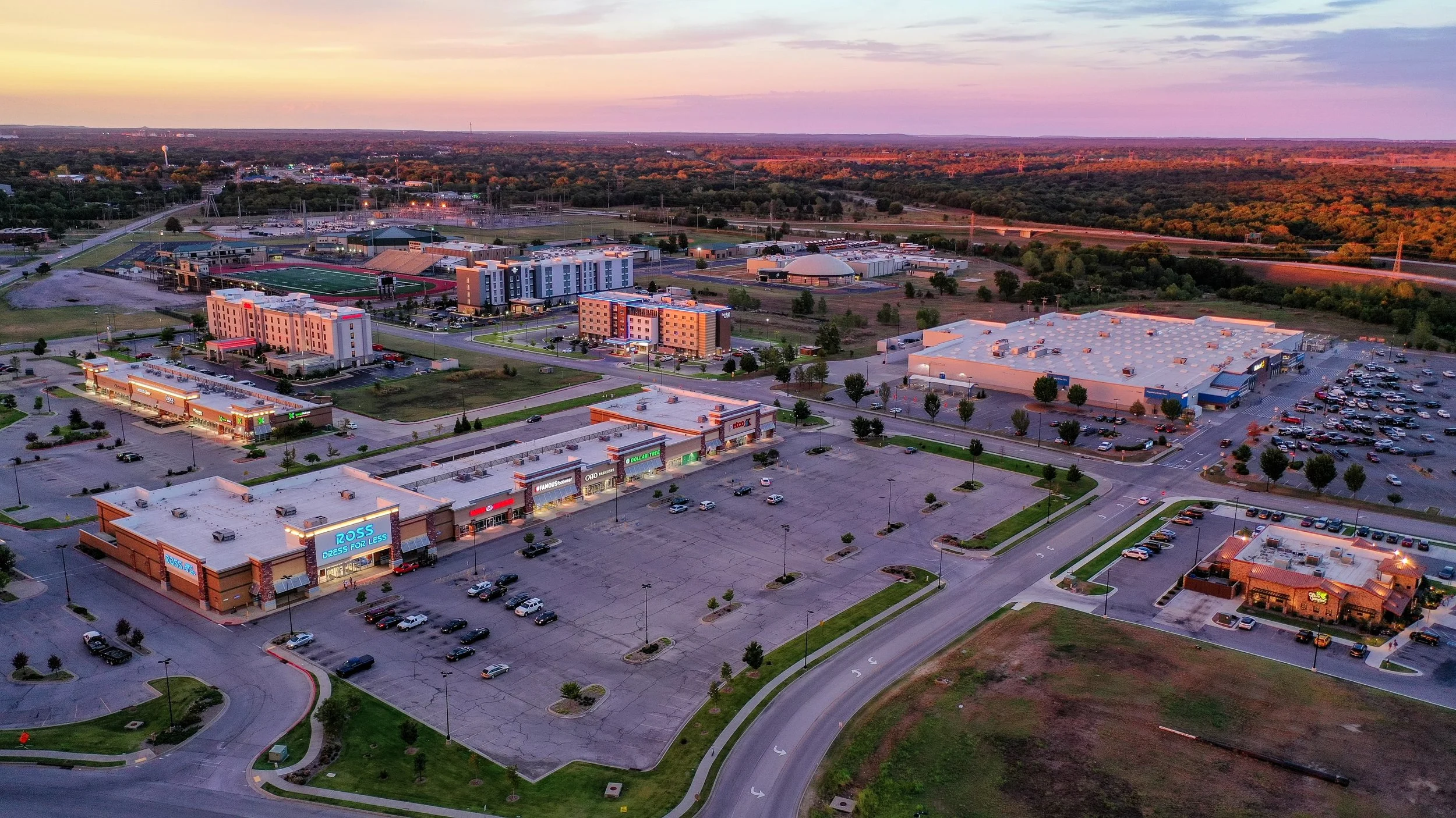 Drone image of Catoosa Hills Shopping Center.