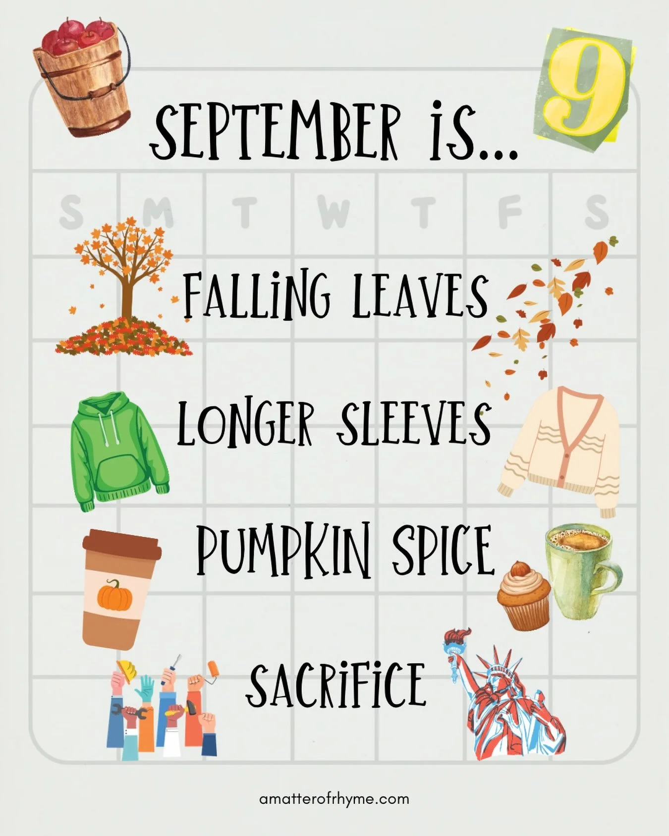 September is unbelievably almost here! Leaves will be changing color and floating to the ground. It would be amazing to get some sweater weather by the first day of fall. Pumpkin spice is in its full glory. And we remember workers everywhere, and pat