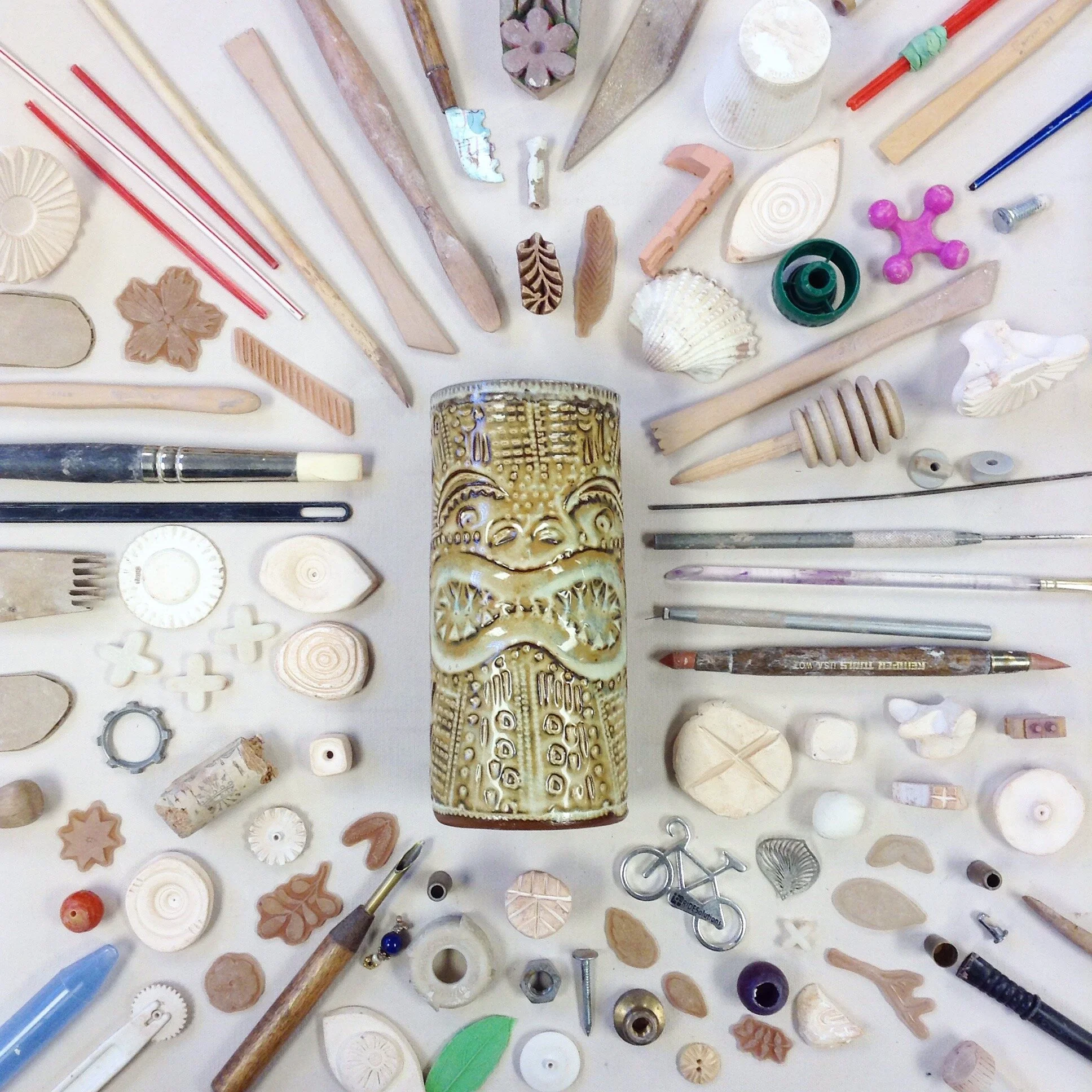 Tiki Cup and all the items used to make the texture in the clay