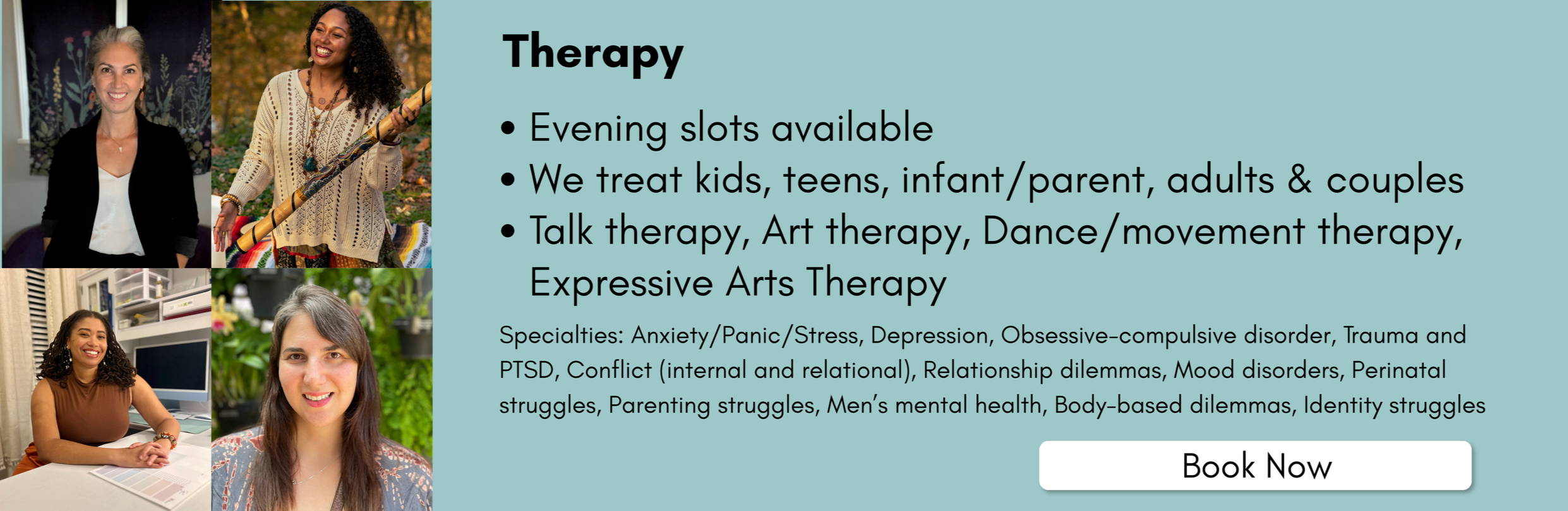 A digital promotional graphic for therapy services featuring a light blue background with black text and four photos of diverse women. The text highlights therapy options including evening slots, various treatment approaches, and specializations. There is a white 'Book Now' button at the bottom right.