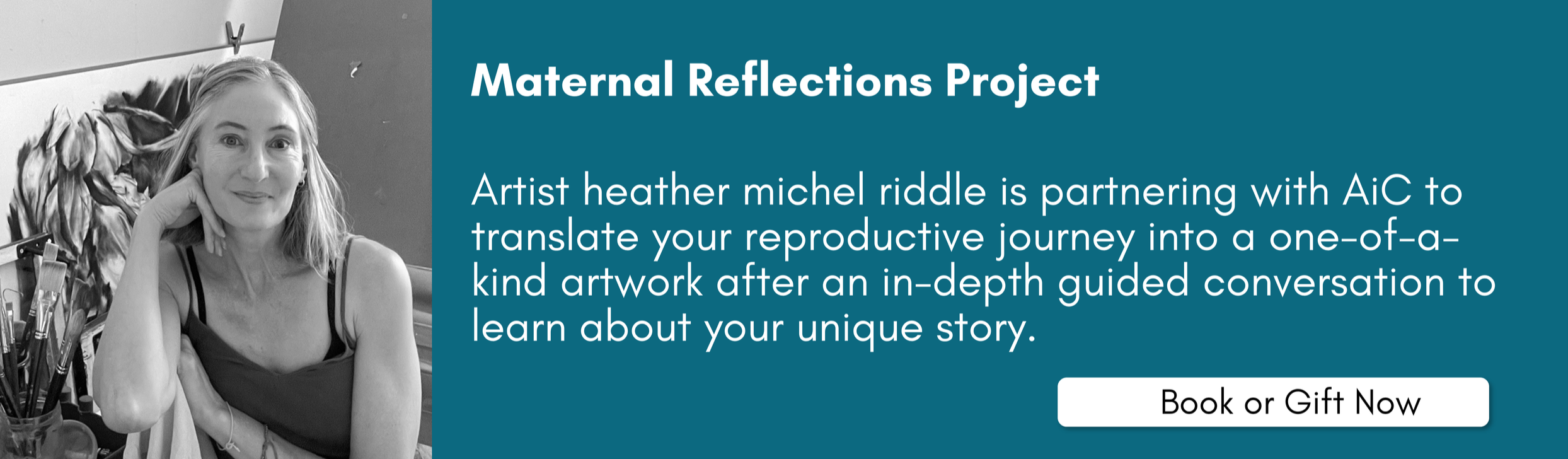 A photo of artist heather michele riddle in an advertisement about "Maternal Reflections: Holding Reproductive Memories in Art" project with Arts in Counseling.