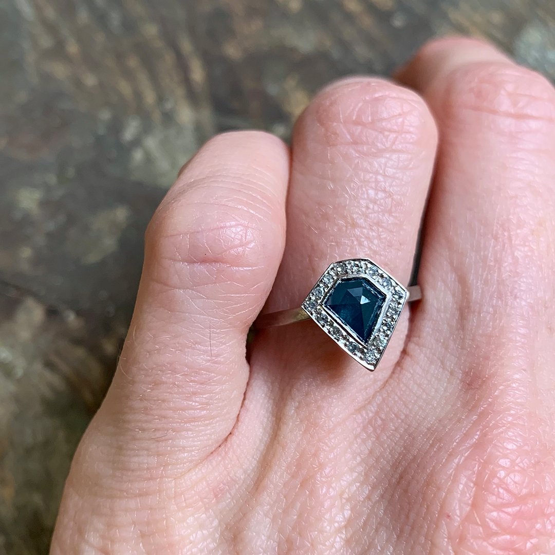 Three Stone Blue Emerald Cut Diamond Engagement Ring — Ouros Jewels