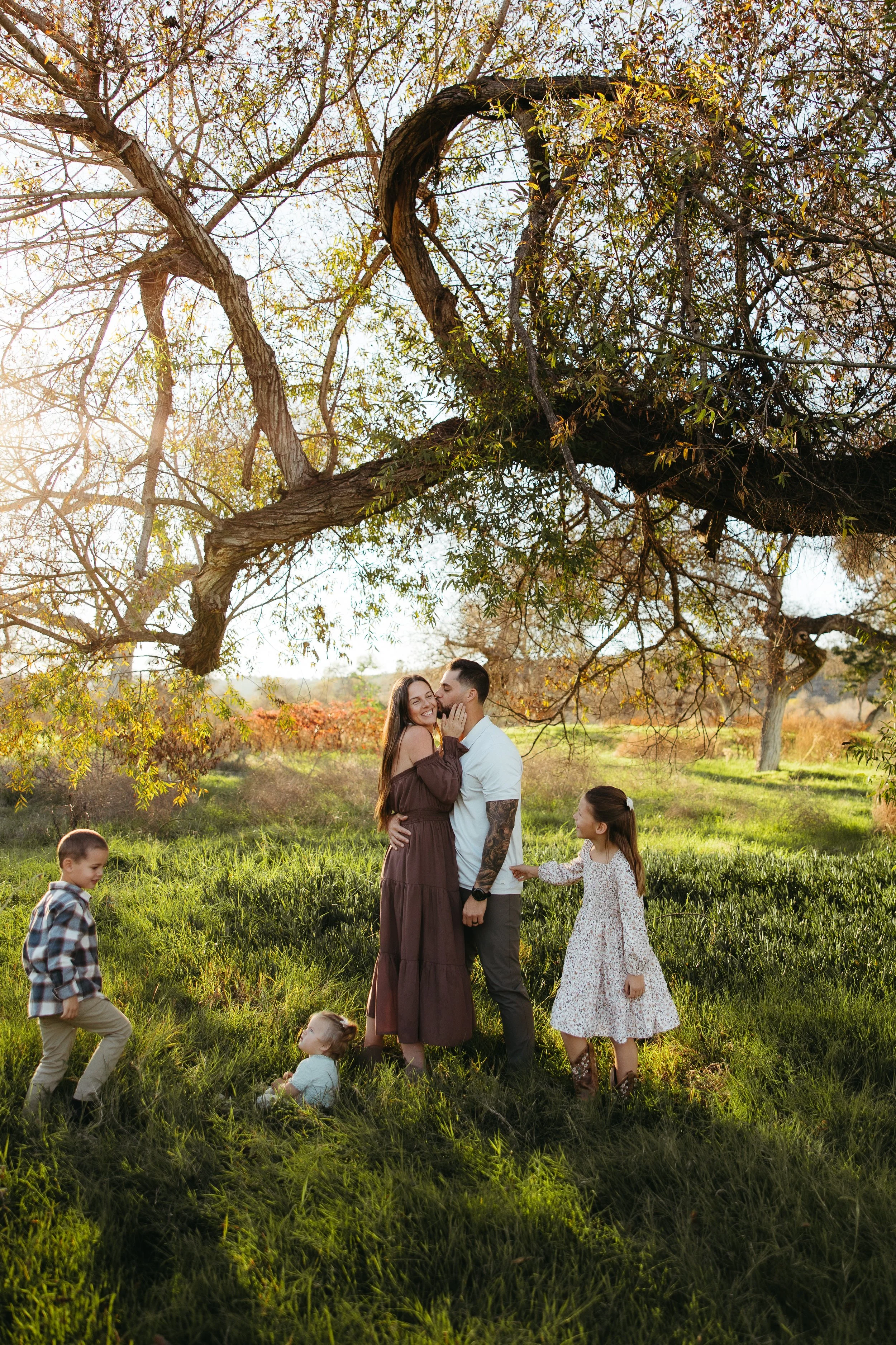 A family enjoying a sunny day outdoors under a large tree, with a woman and man kissing and children playing around them.