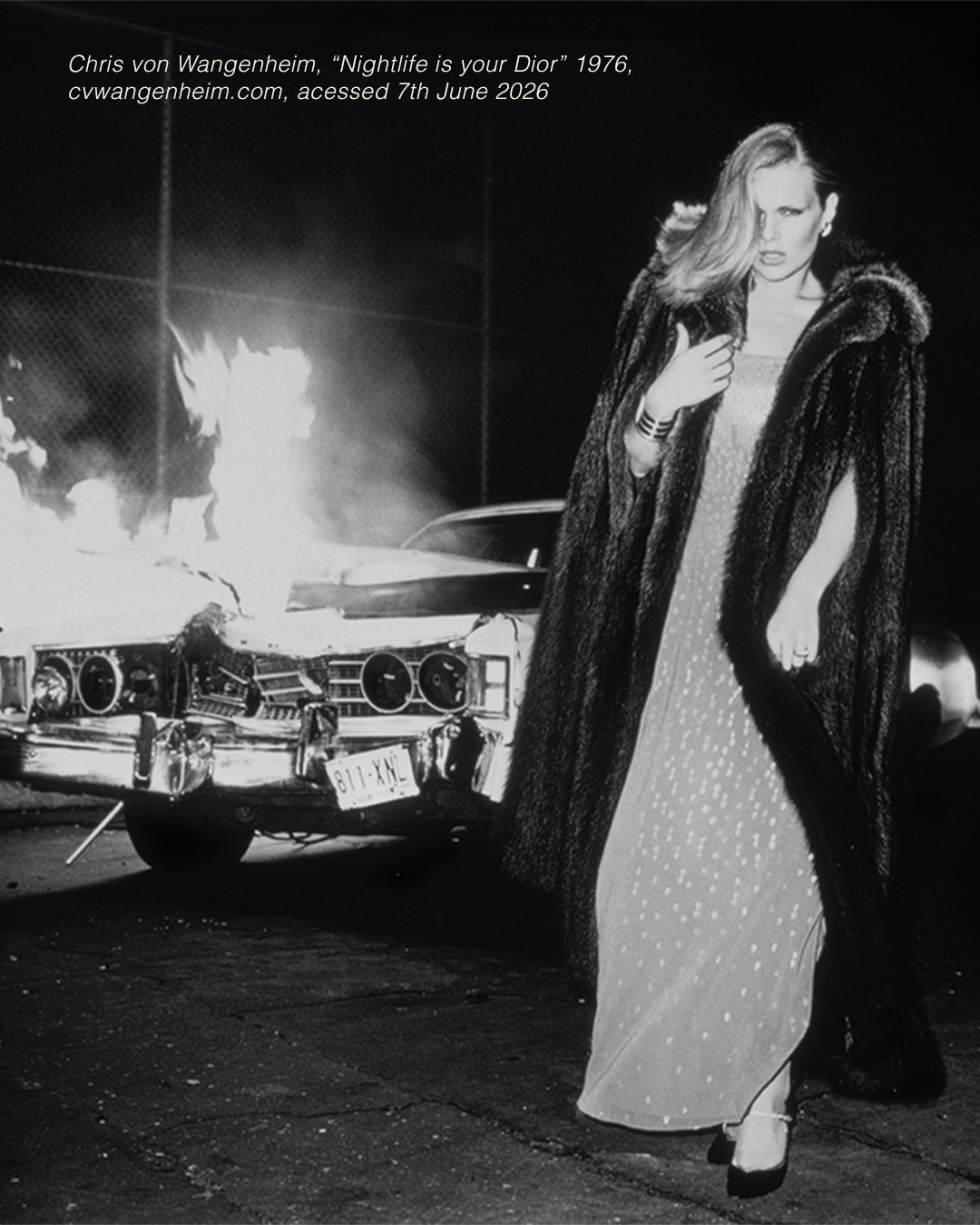 “Nightlife is your Dior” features model Patti Hansen dressed to kill, embodying the femme-fatale figure of film noir, walking away from a car aflame. An image of chaos and dripping opulence. 