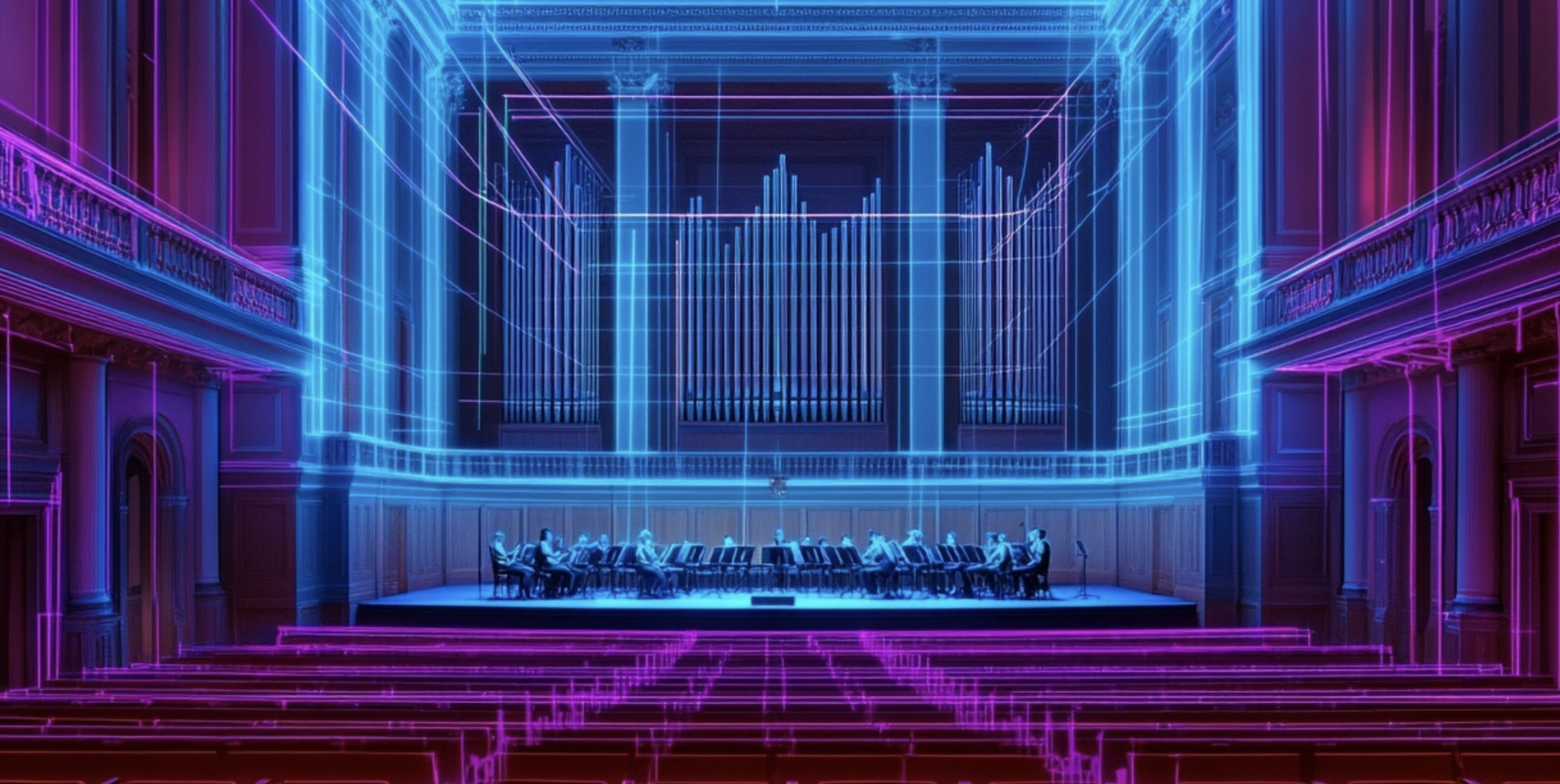 A hyperrealistic, editorial photograph of Indiana University’s Musical Arts Center interior at night.