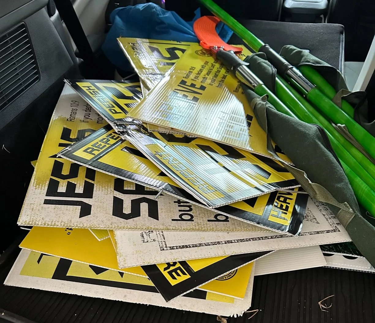 Pirated Jesus Saves signs (Atheist Street Pirates)