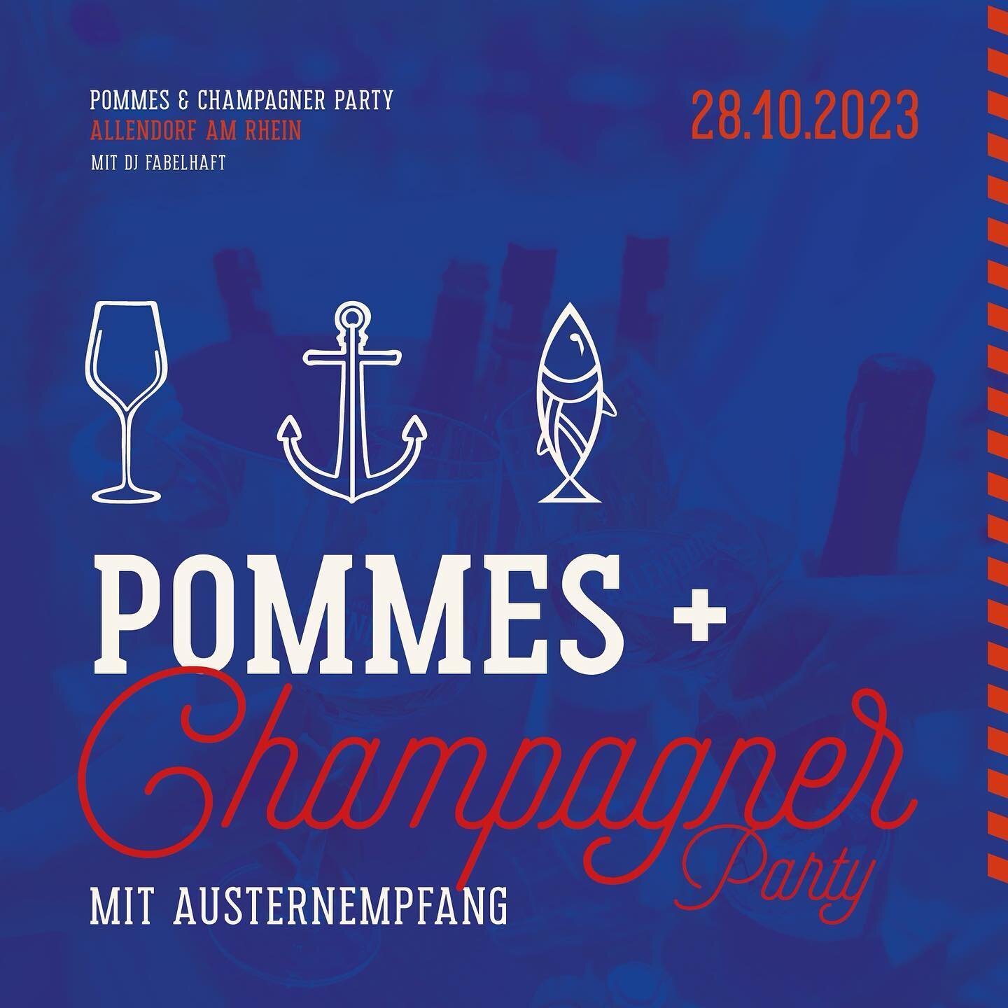 SAVE THE DATE
28.10.2023
Pommes und Champagner Party am Rhein - mit @fabelhaft_dj 

Wir feiern mit euch den Saisonabschluss 2023 - 
das Motto ist Programm 
🍟🦪🥂

Karten gibts am Rhein (NUR BARZAHLUNG) - limitiert auf 99 Personen 🎟️