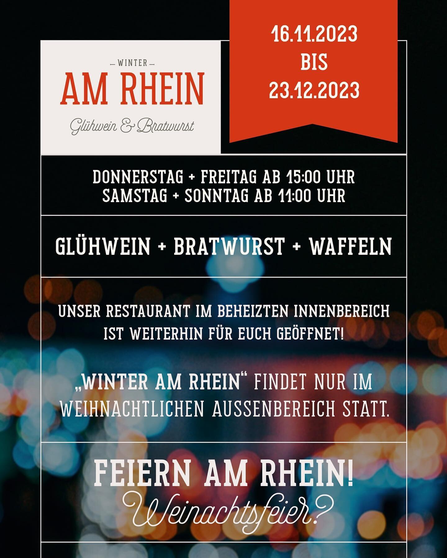 In einer Woche gehts los:
WINTER AM RHEIN

Do / Fr ab 15.00 Uhr
Sa / So ab 11.00 Uhr

Die Weihnachtsfeier noch nicht geplant? Kein Problem, wir haben noch Termine frei, meldet euch gerne unter weinamrhein@allendorf.de

❄️🧣🎄🧣❄️