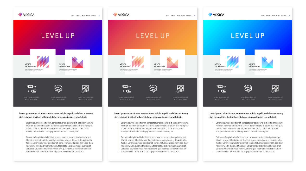 3 gradient color schemes proposed as primary brand color: Red #FF0000 - Blue #0000FF was client’s final selection