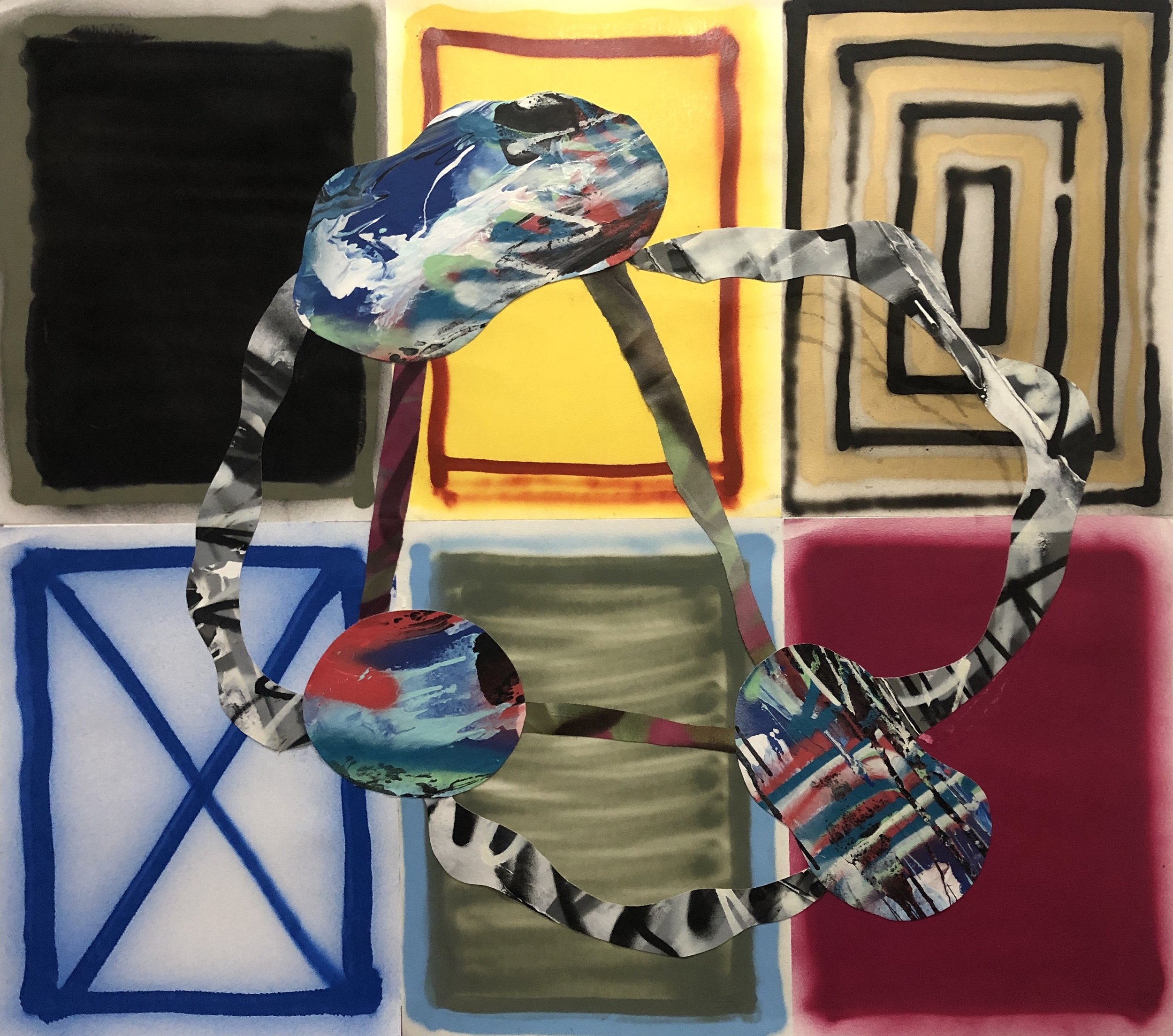 Omega, 48in x 54in, mixed media and collage, 2020.