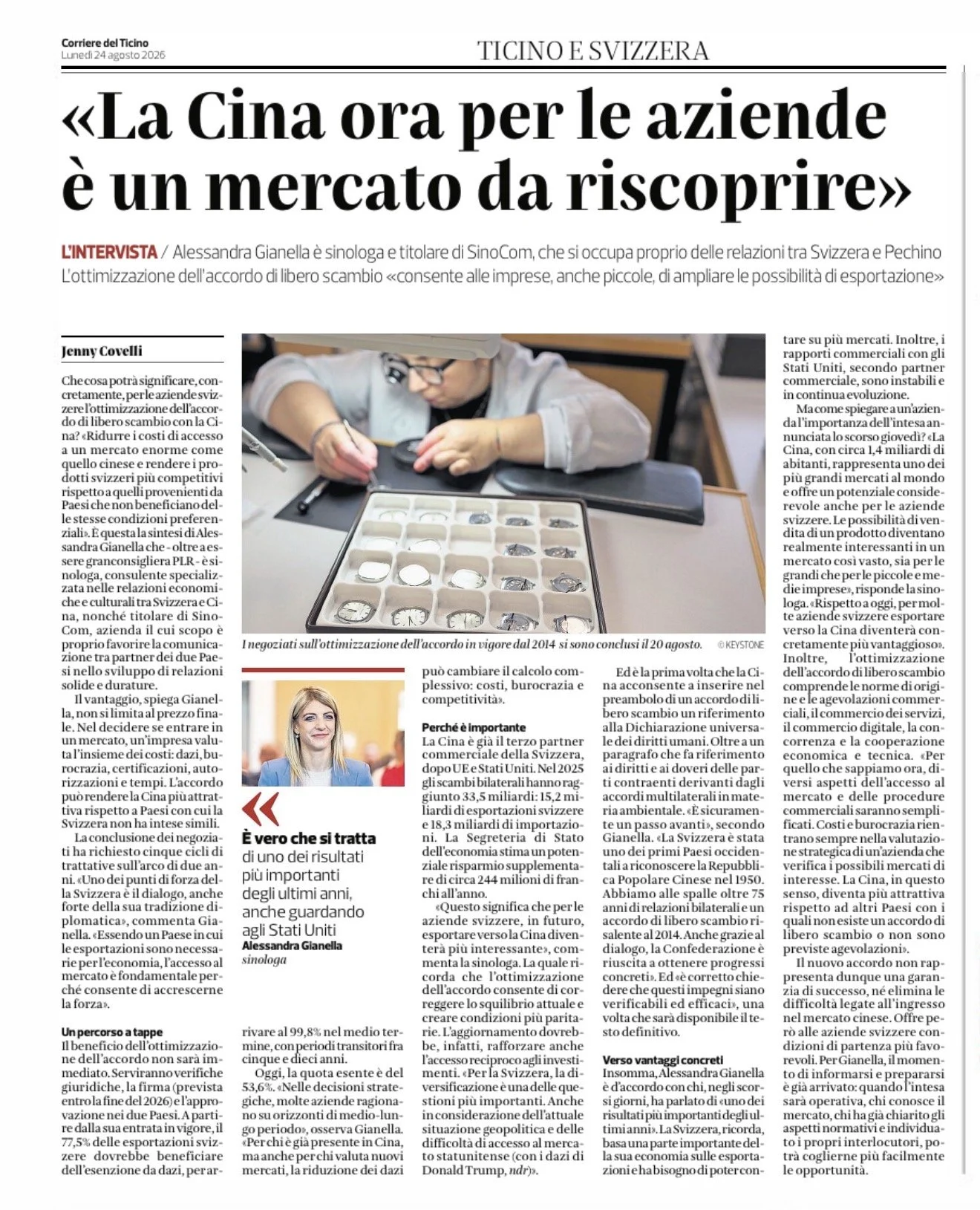 24 agosto 2026 Intervista sul Corriere del Ticino