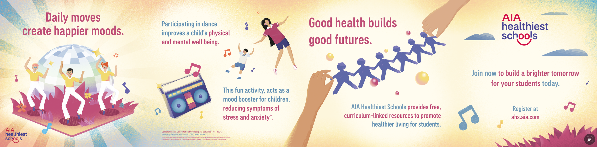 Illustration promoting healthy activities for children. Features dancing children under an umbrella, a child dancing with an adult, a boombox with music notes, and a hand holding a chain of paper cutout children. Text emphasizes the benefits of physical activity, health, and education resources from AIA Healthiest Schools.