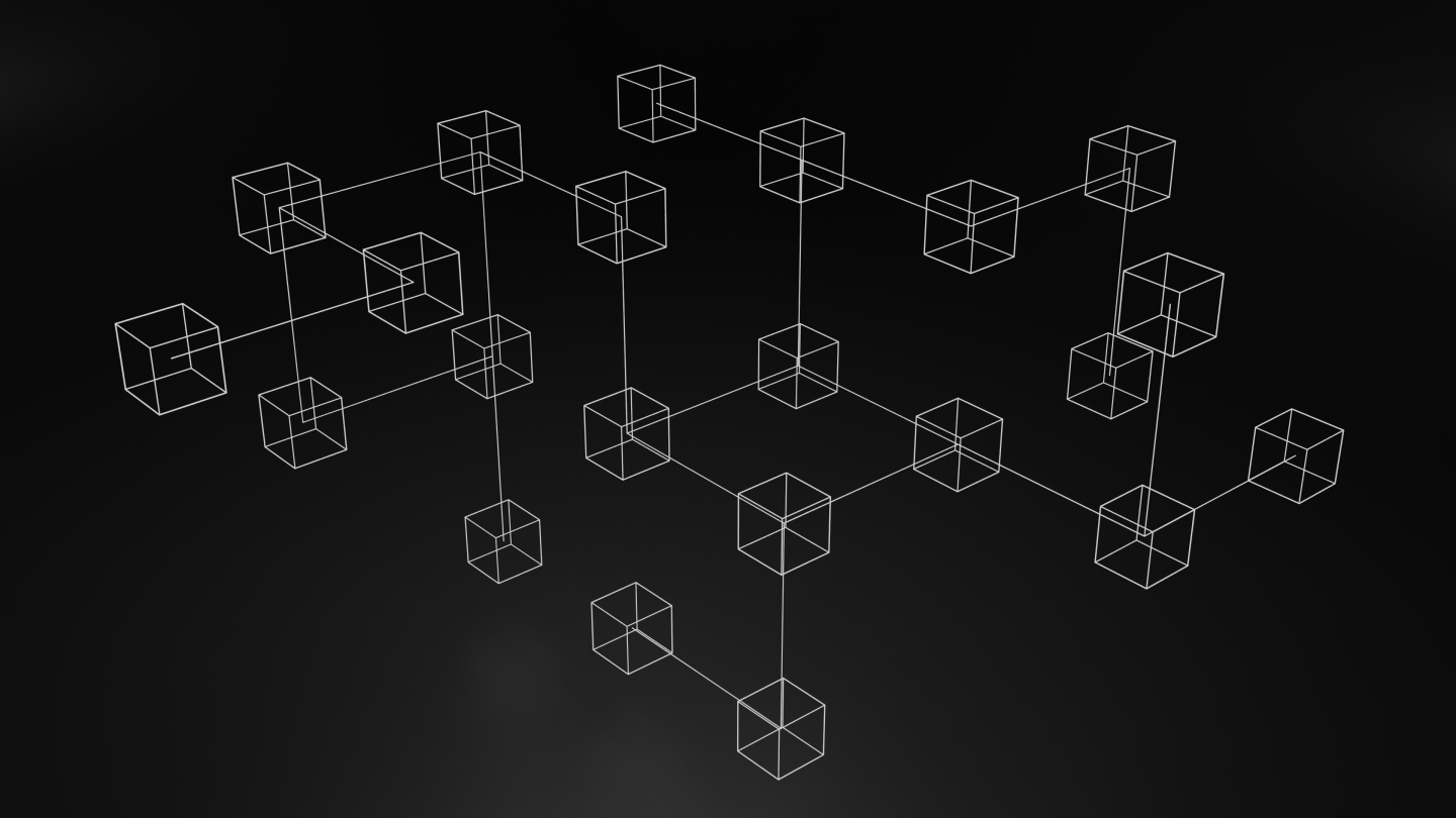 A digital illustration of interconnected transparent 3D wireframe cubes on a dark background.