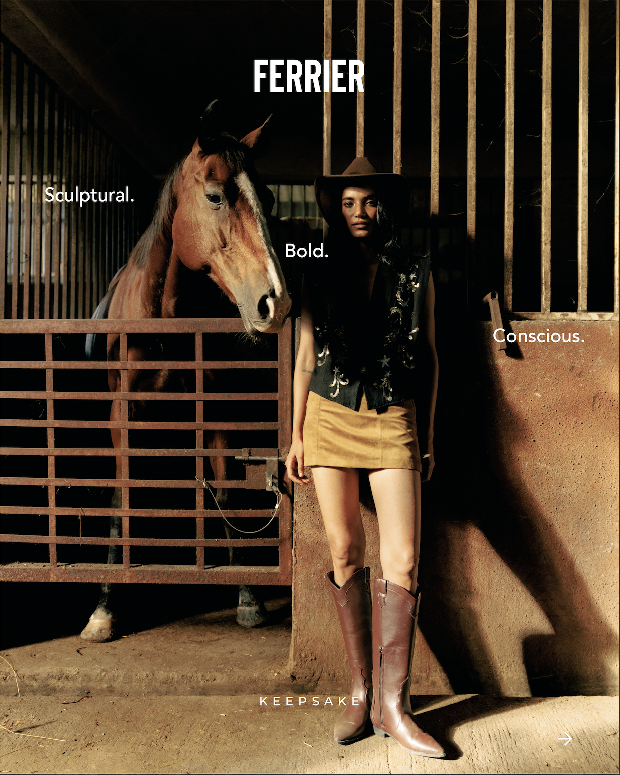 A woman standing in a stable next to a horse, with words 'Sculptural', 'Bold', 'Conscious', and 'FERRIER' overlaid on the image.