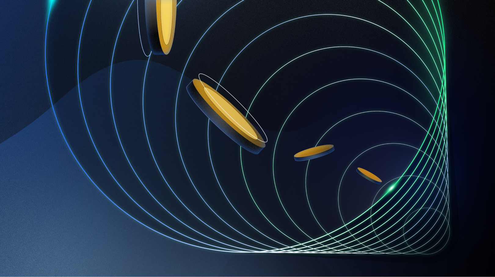 Digital artwork featuring neon concentric circles and three floating gold coins.