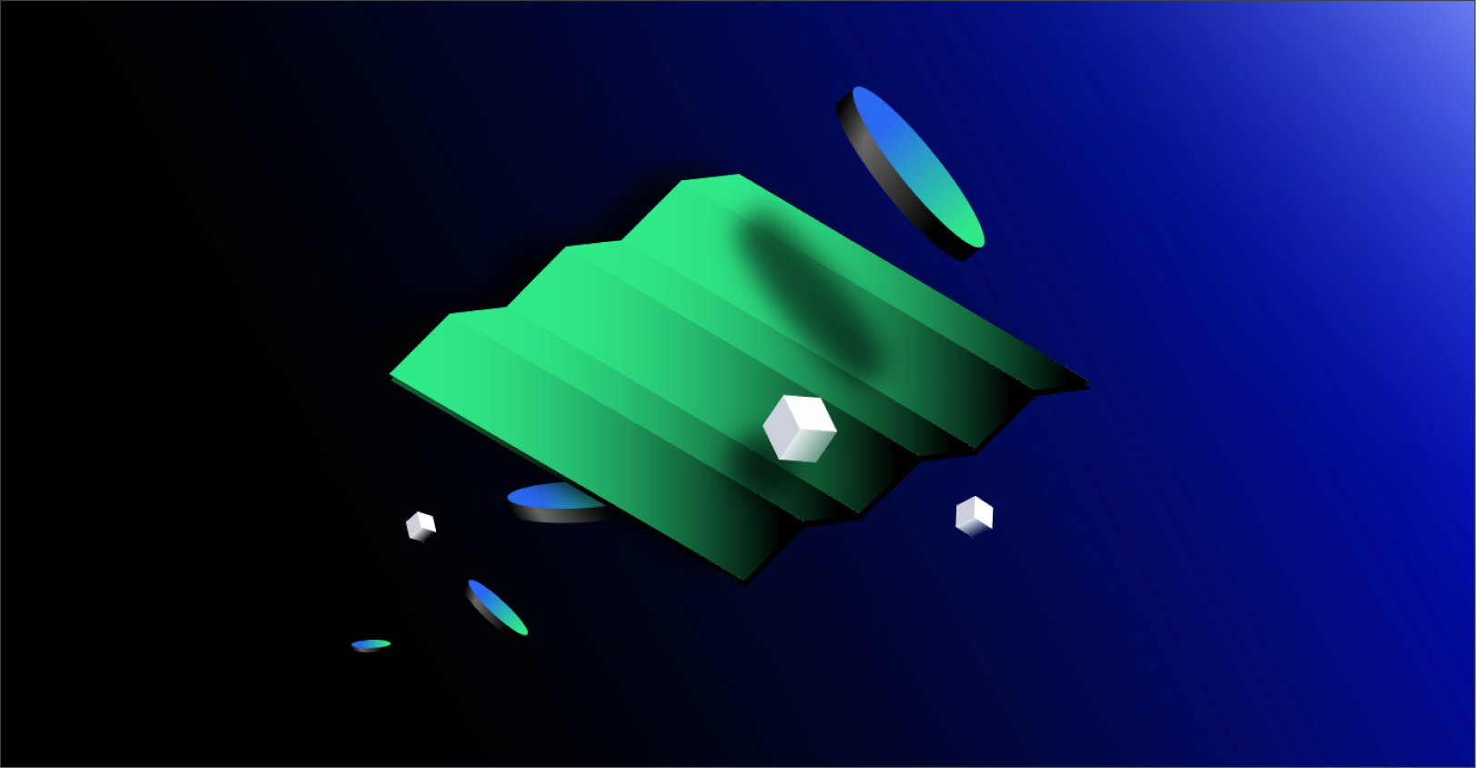 Digital illustration of a floating green map with a landscape, accompanied by white geometric shapes and blue oval reflections, set against a dark gradient background.