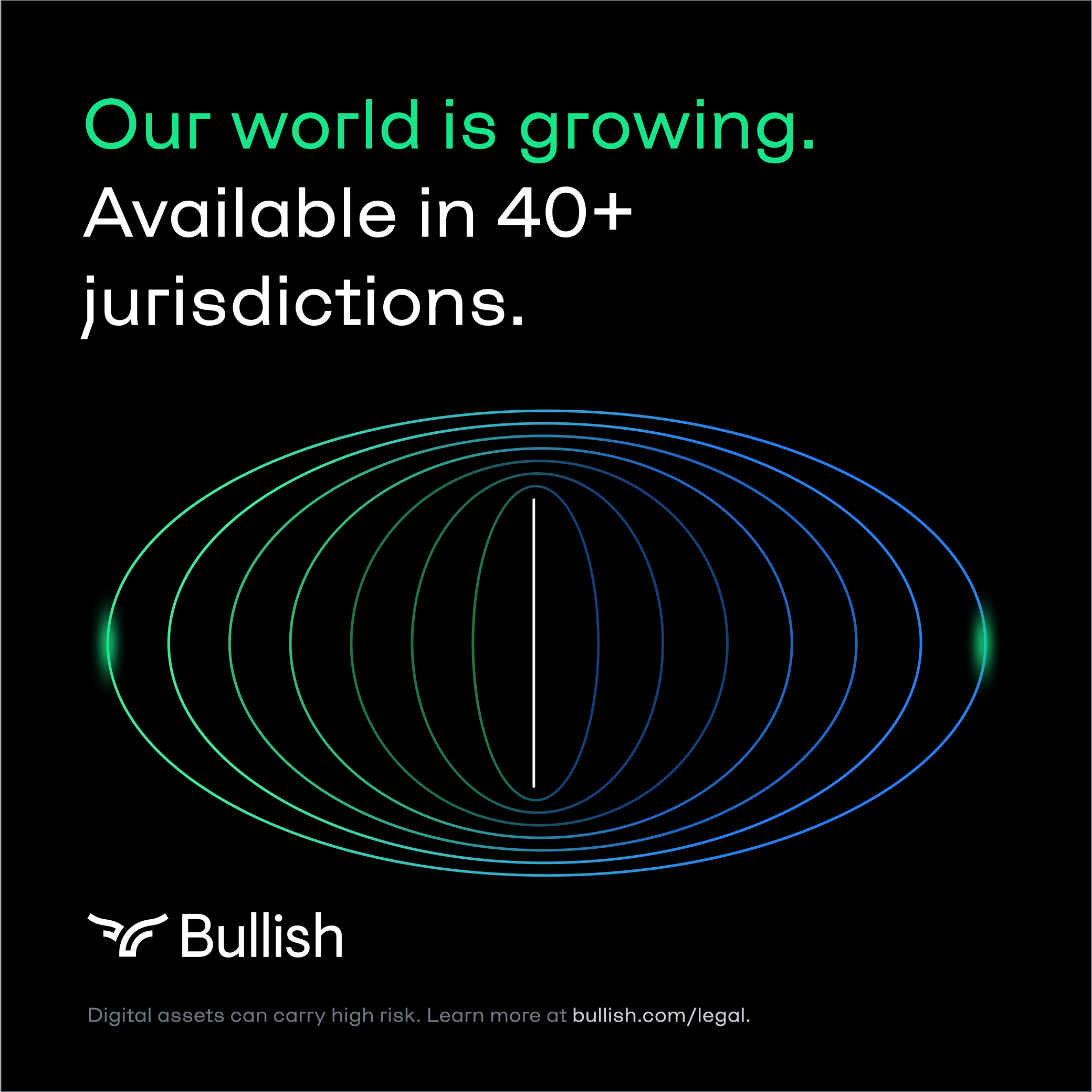 Advertisement for Bullish digital assets, stating they are available in over 40 jurisdictions, with a visual of colorful digital lines forming an elongated shape on a black background.