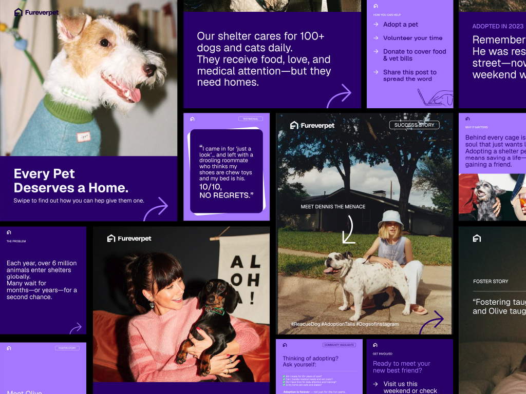 A collage of images related to pet adoption by Fureverpet, showing dogs and cats, a woman with a dog, shelter life, and promotional messages about pet care and adoption.