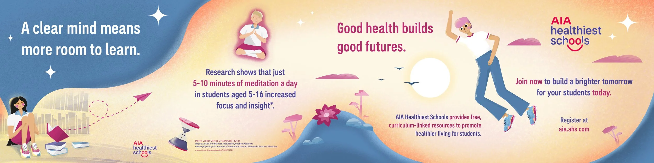 An infographic promoting mental health and meditation in schools, showing children meditating, writing, and jumping, with slogans about health and learning.