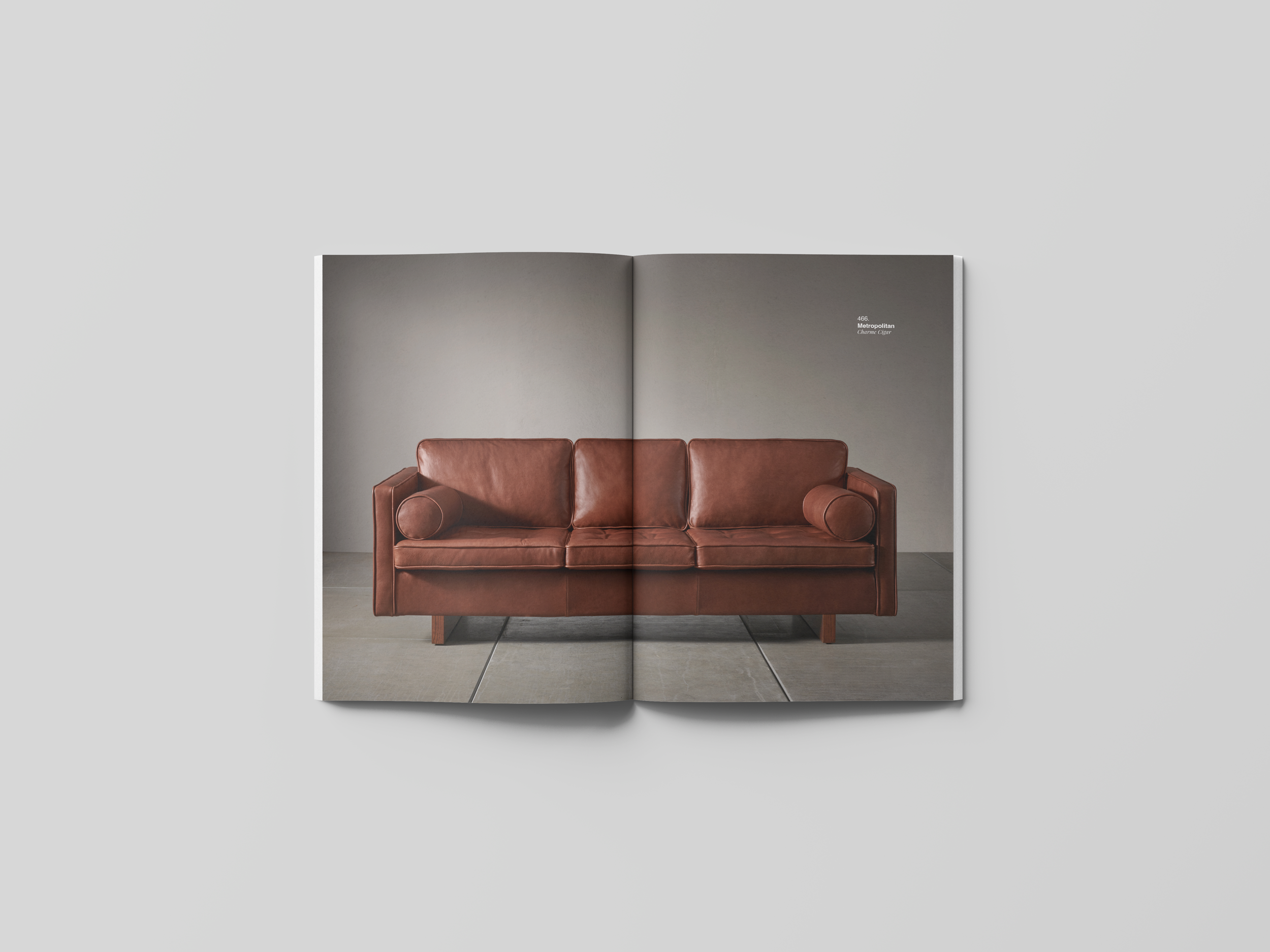 Open magazine showing a brown leather sofa with two cylindrical pillows, set against a plain wall.