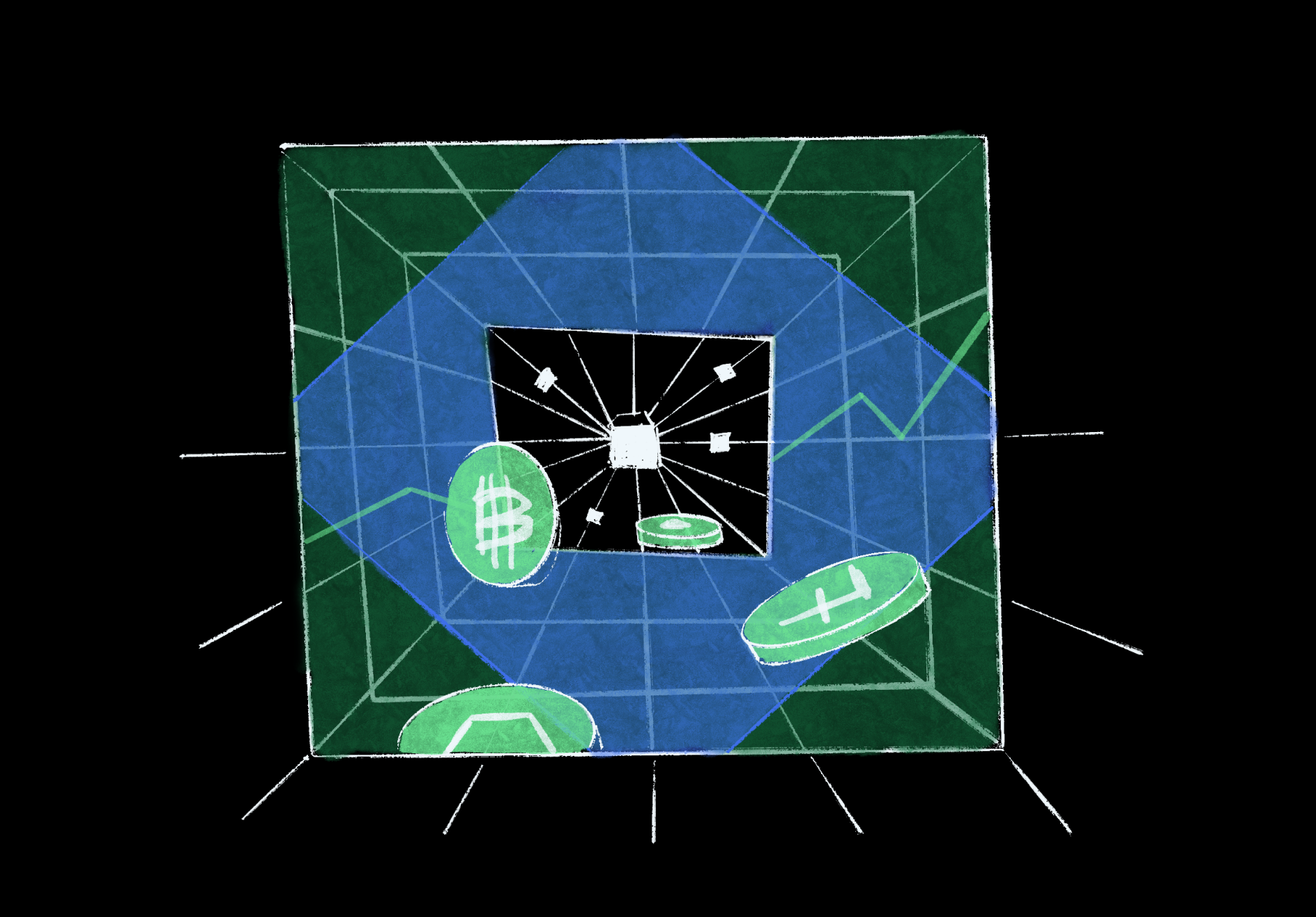 Digital illustration of a virtual 3D cube displaying financial symbols such as dollar icons, coins, and line graphs, over a dark background.