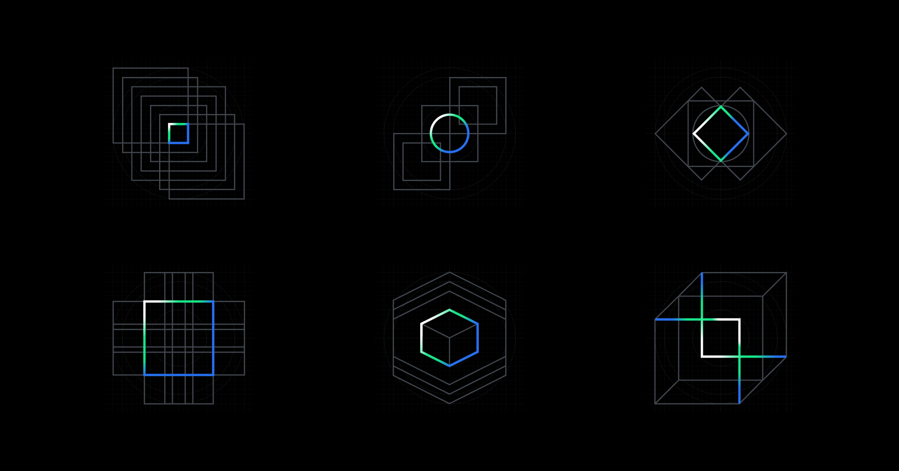 Six grid-based geometric diagrams with lines and shapes in various arrangements and colors, arranged in two rows of three.