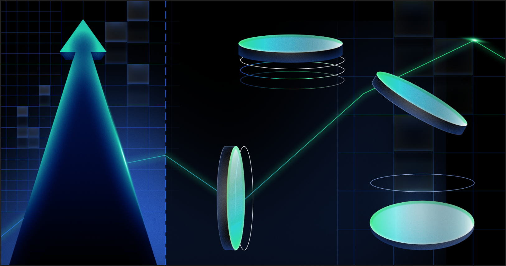 A digital illustration of lenses and a signal graph with a dark background, gridlines, and glowing elements.