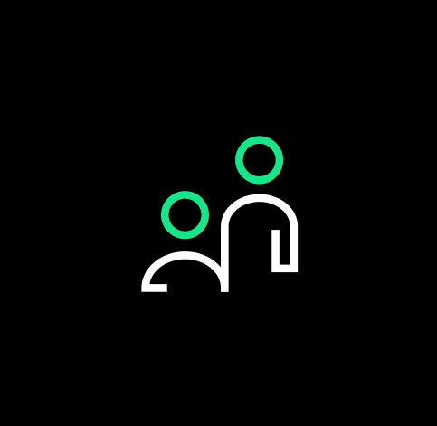 Icon of two abstract human figures with circles above their heads against a black background.