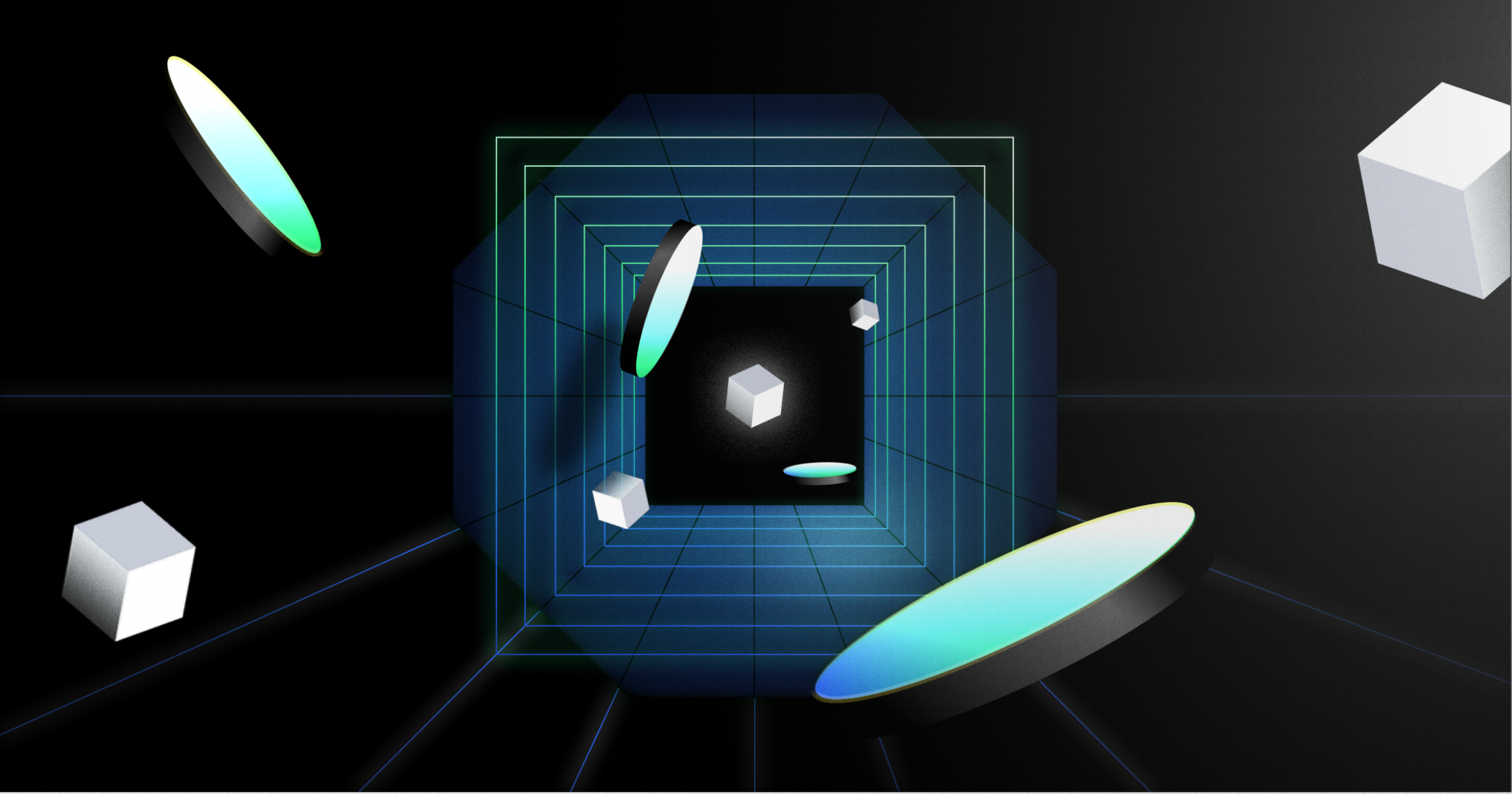 Abstract digital artwork depicting cubes, spheres, and circular light sources inside a neon-lit, grid-lined tunnel with a black background.