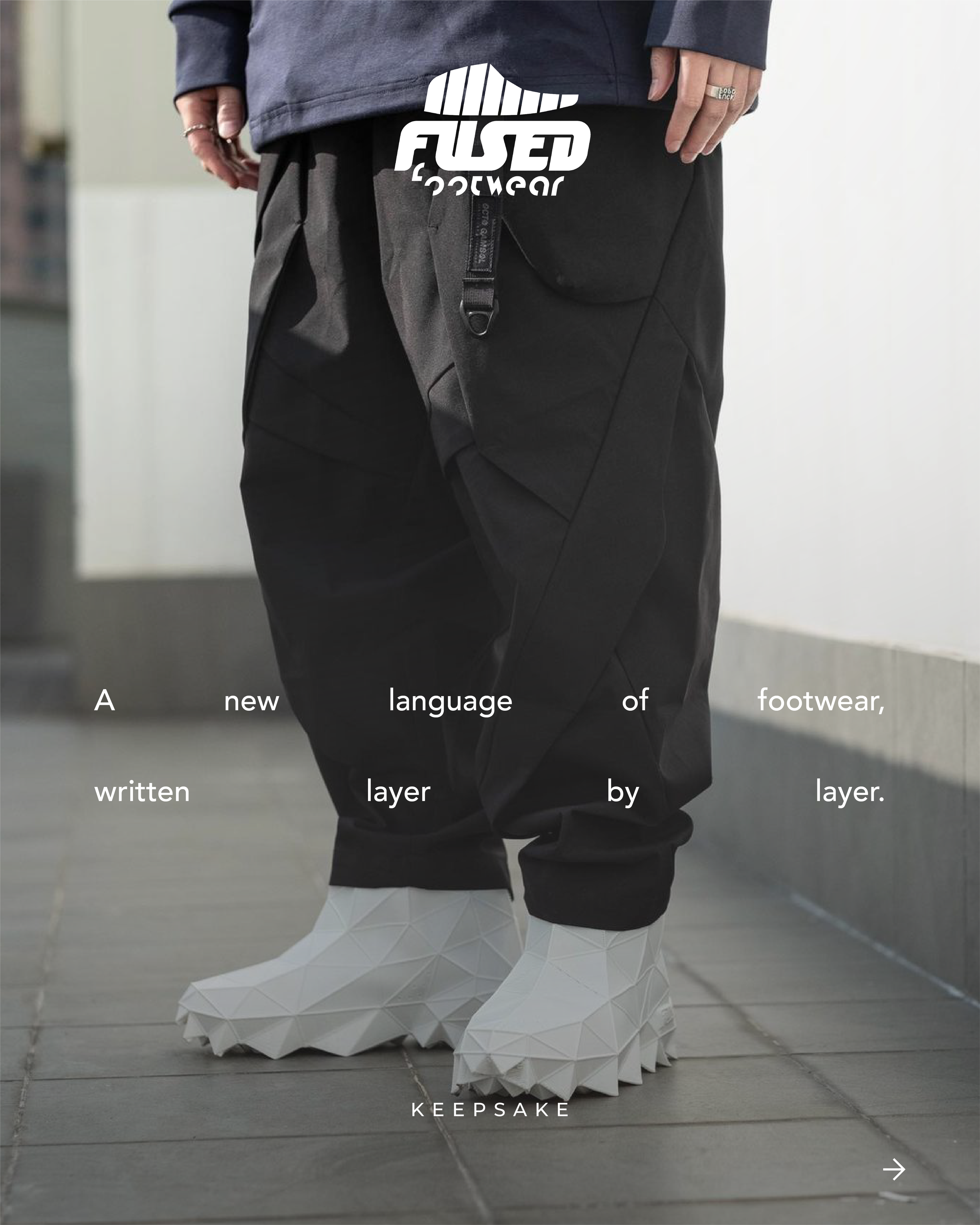 A person wearing futuristic, white, geometric, faceted footwear and black layered streetwear pants with a logo patch. The image includes text states, 'A new language of footwear, written layer by layer,' and a logo reads 'FUSED Footwear.'