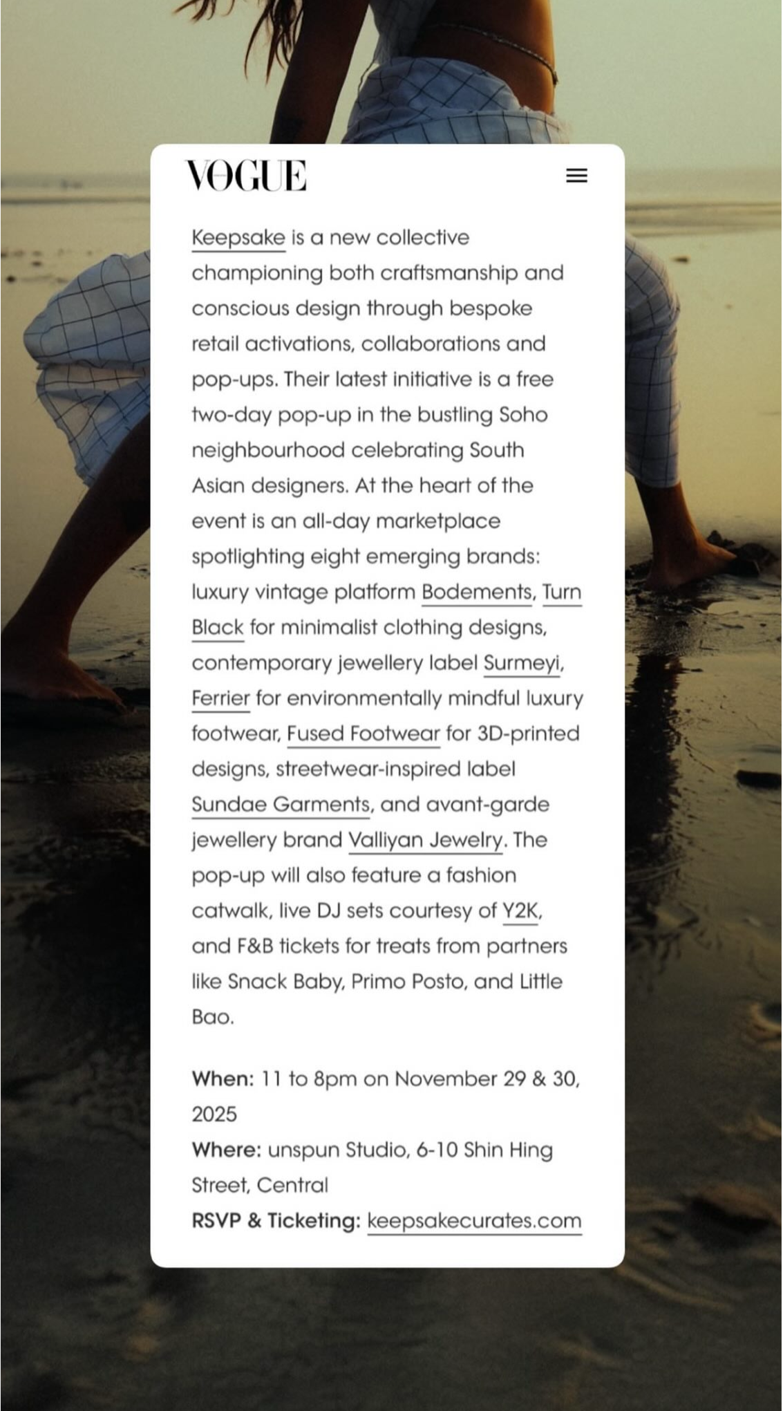 A person at the beach during sunset with their foot in the sand, along with an overlaid webpage description for an event on Vogue's site promoting a two-day pop-up event with designer brands and activities at a Soho location.
