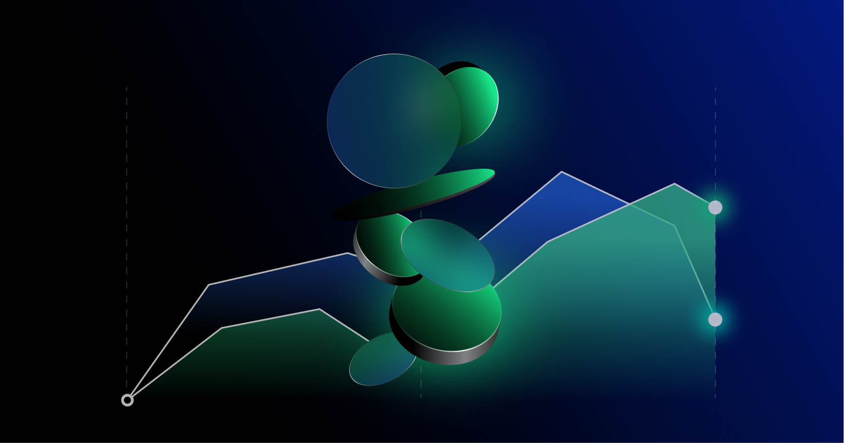 Abstract digital illustration of a molecule with a graph in the background, featuring green, black, and gray spherical atoms connected by bonds, set against a gradient blue and black background.