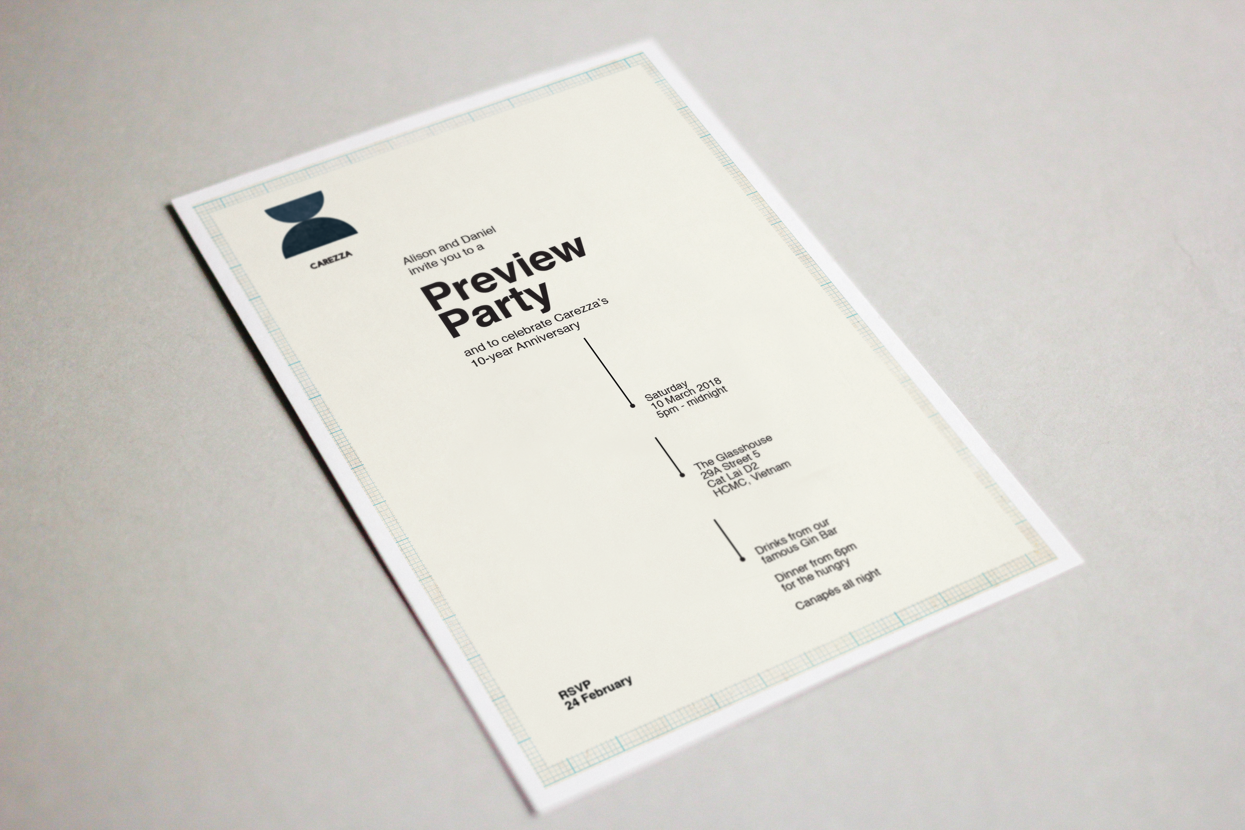 Invitation to a preview party for Carezza's 10-year anniversary, scheduled for Saturday, March 10, 2018, from 5 p.m. to midnight at The Glasthouse, 29A Street 5, Cat Lai D2, Ho Chi Minh City, Vietnam. The event includes drinks from a famous gin bar, dinner from 6 p.m., and canapés all night. RSVP by February 24.