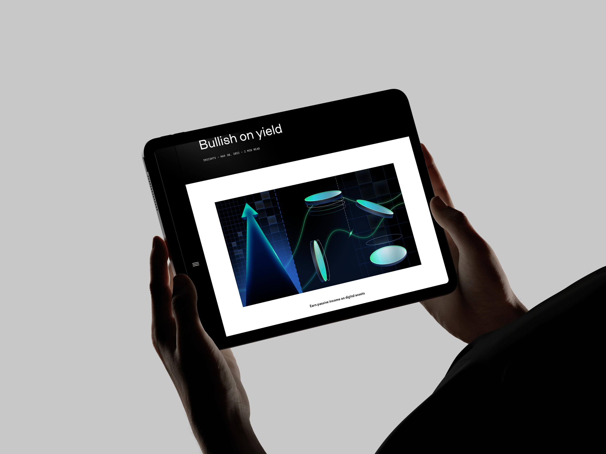 Person holding a tablet displaying a financial chart with upward trend and 3D circular data points, titled 'Bullish on yield'.