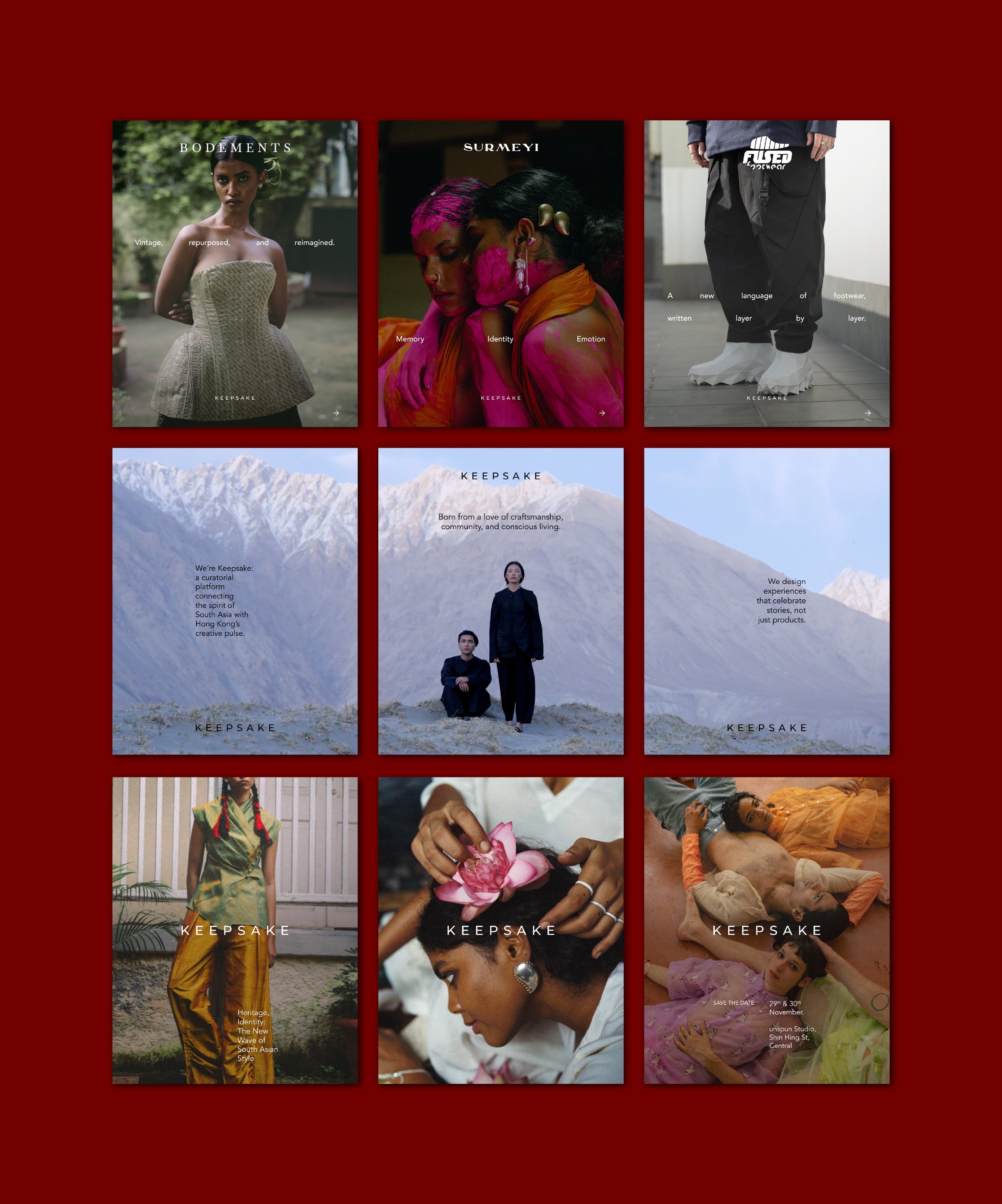 Collage of nine photographs including fashion, cultural, and artistic themes with the word 'KEEPSAKE' appearing on most images.