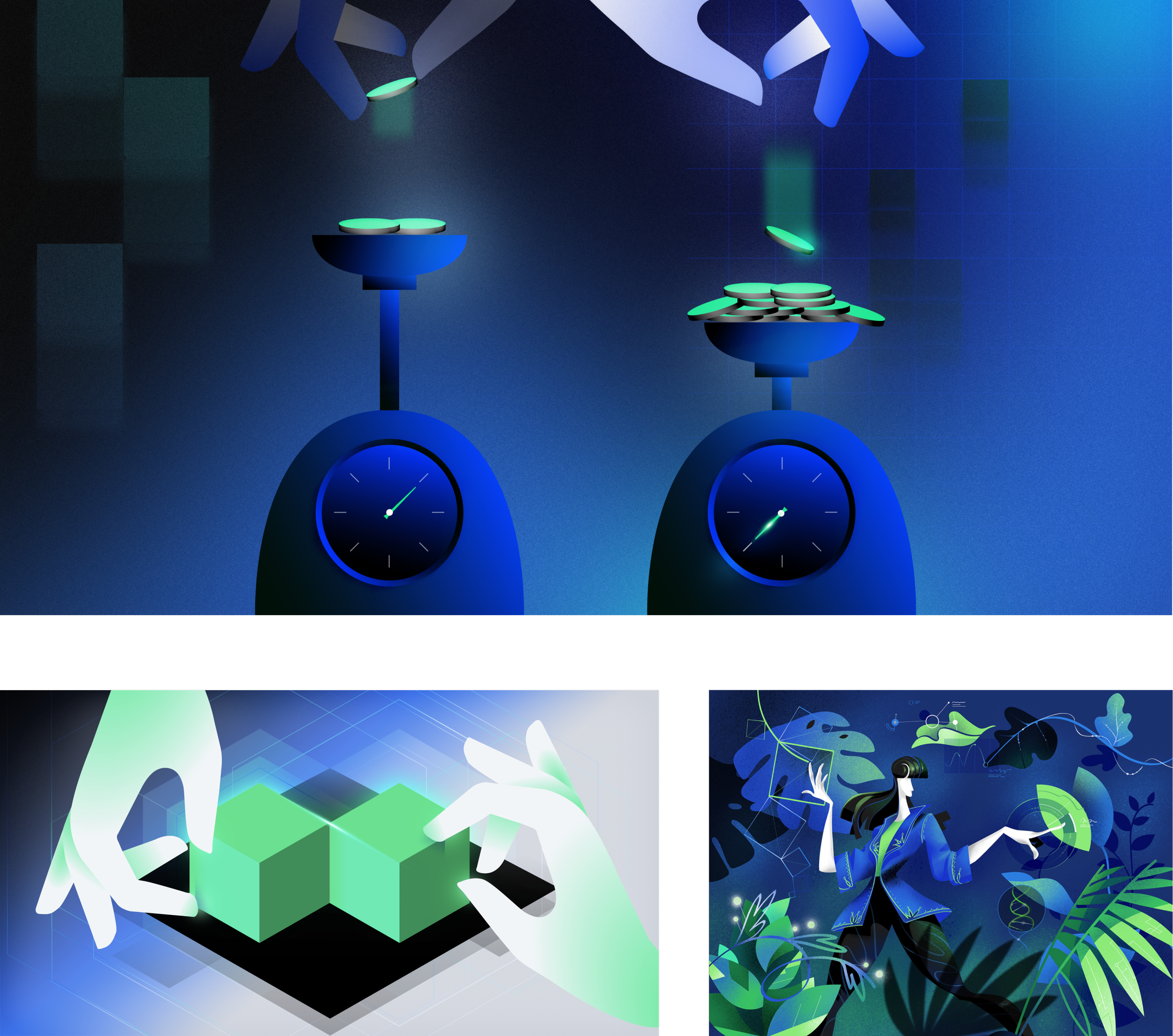 Three digital illustrations related to technology and innovation. The top image features scales with floating coins, symbolizing cryptocurrency or digital finance. The bottom left image shows hands assembling green cubes representing building blocks or data structures. The bottom right image depicts a woman surrounded by abstract plant and digital network elements, symbolizing digital ecology or virtual environments.