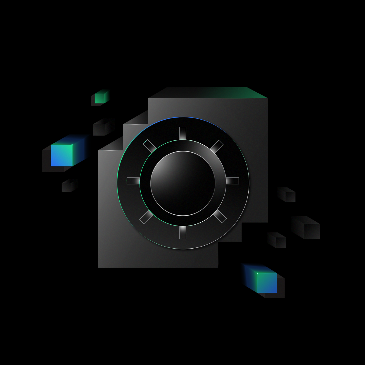 A digital artwork featuring a large black safe dial on a black background, with abstract glowing cubes in green and blue floating around it.