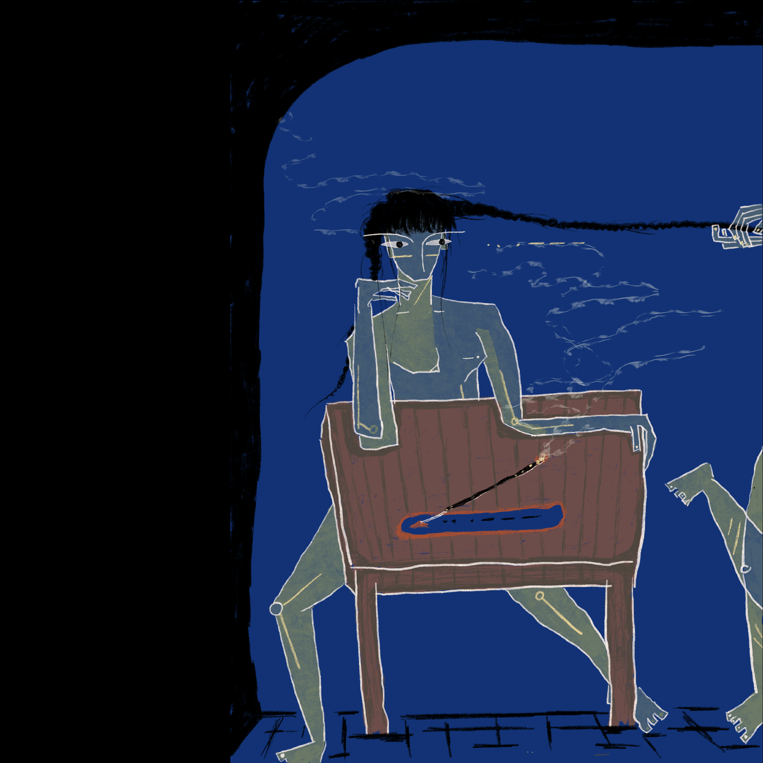 Digital illustration of a woman with dark hair and light skin, sitting at a wooden table, smoking a cigarette, with smoke swirling around her. The background is dark blue. Illustration by Mahika Gupta