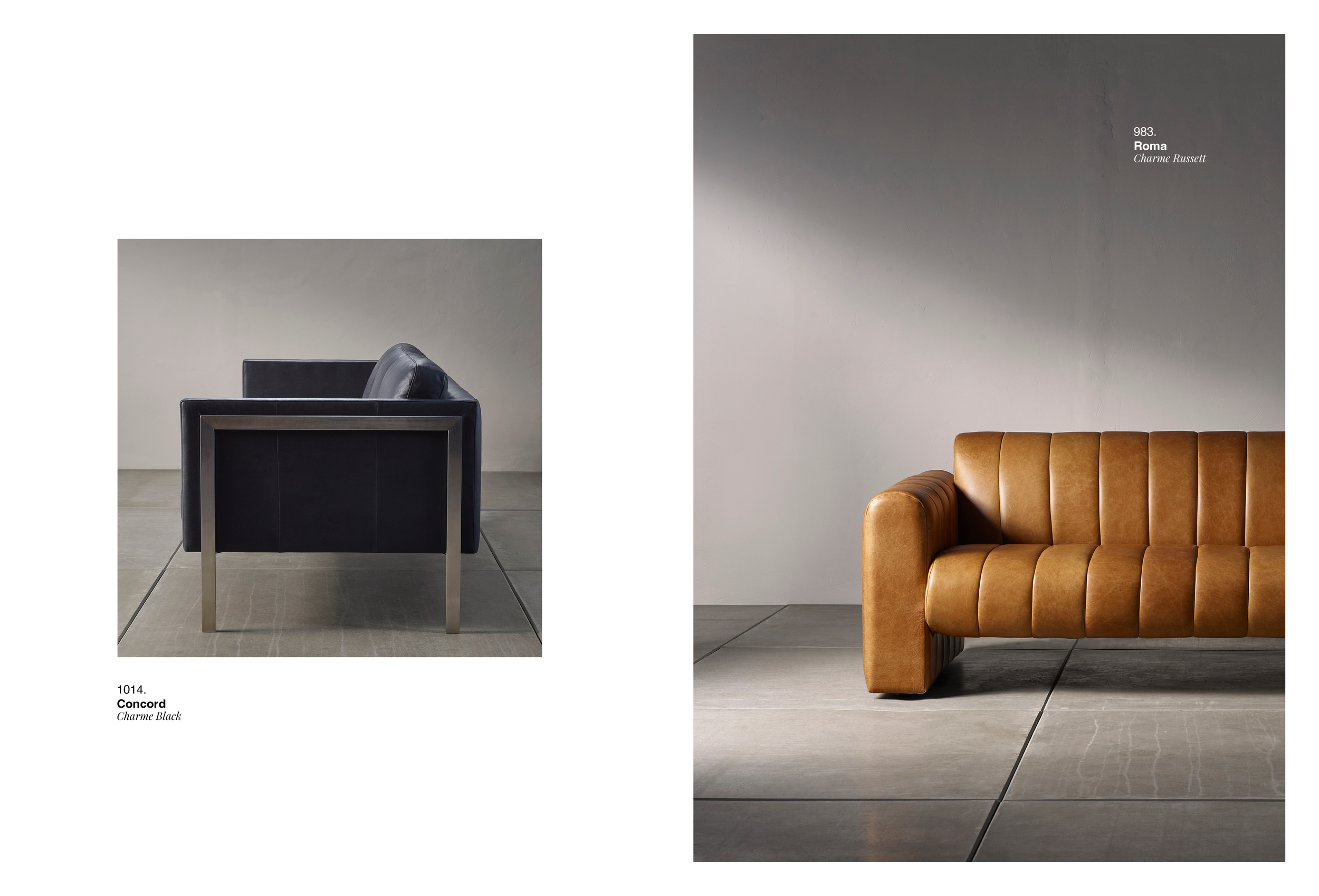 Side-by-side images of modern sofas: a black leather sofa with metal legs on the left and a brown leather sofa with a tufted design on the right, both placed against plain walls with tiled floors.