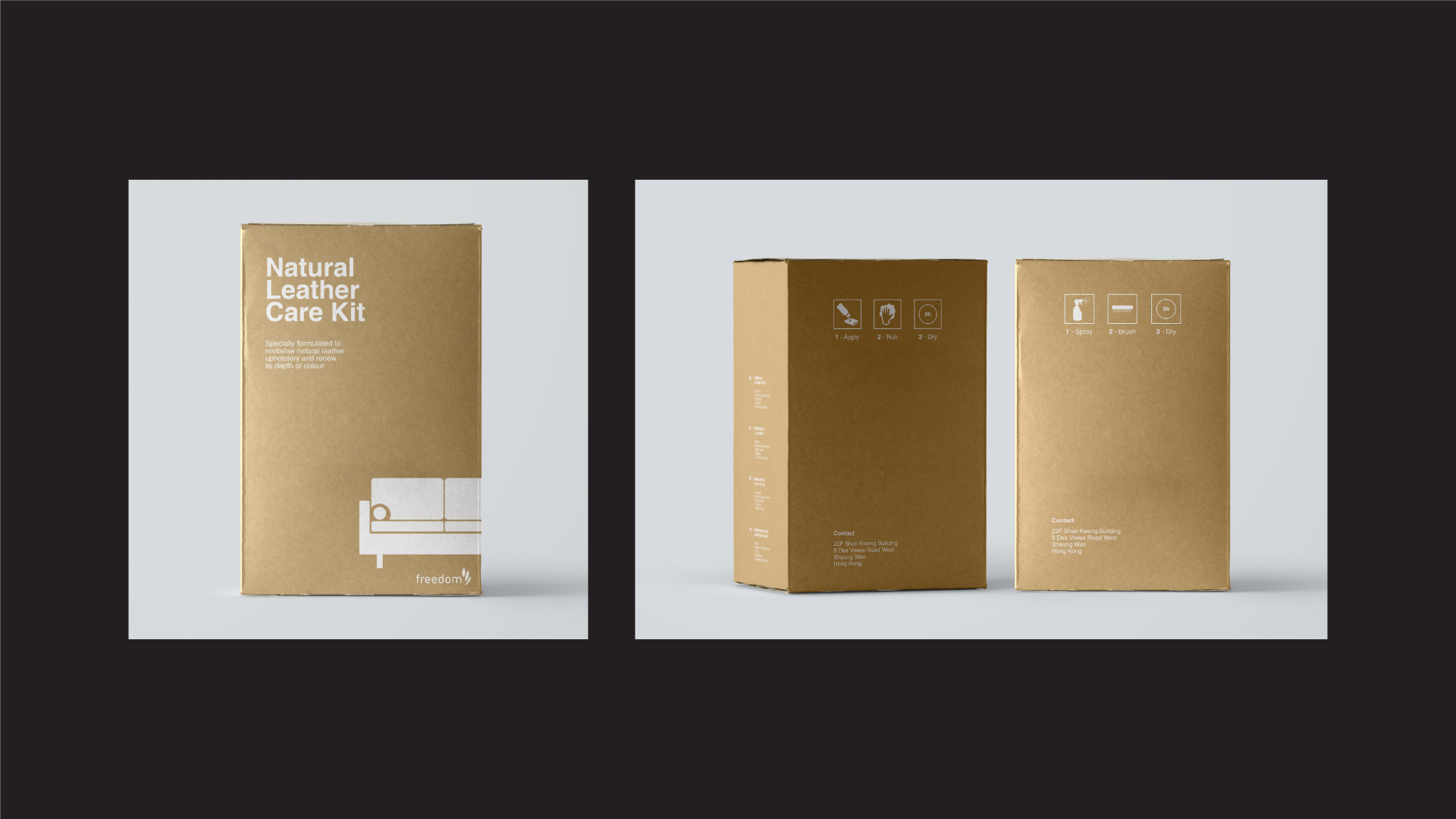 Two cardboard boxes, one labeled 'Natural Leather Care Kit' with an illustration of a sofa and the brand 'freedom', and the other with instructions for applying, brushing, and drying the kit, all set against a light gray background with a black border.